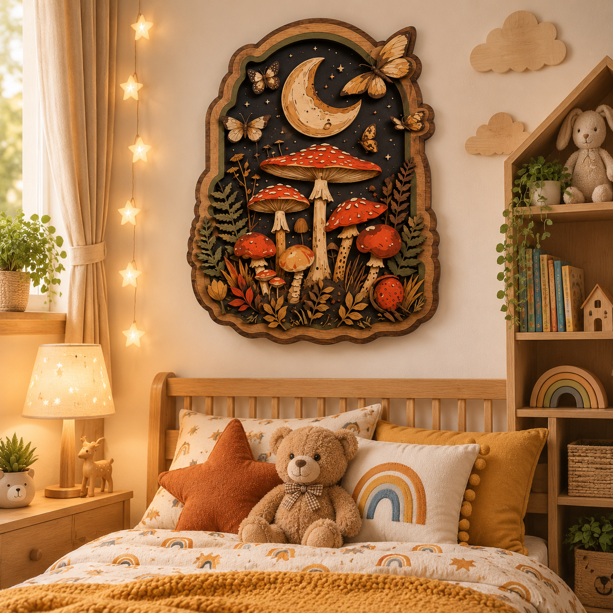 Moonlit Mushroom & Butterfly Wooden Sign - Enchanted Woodland Cottagecore Wall Decor