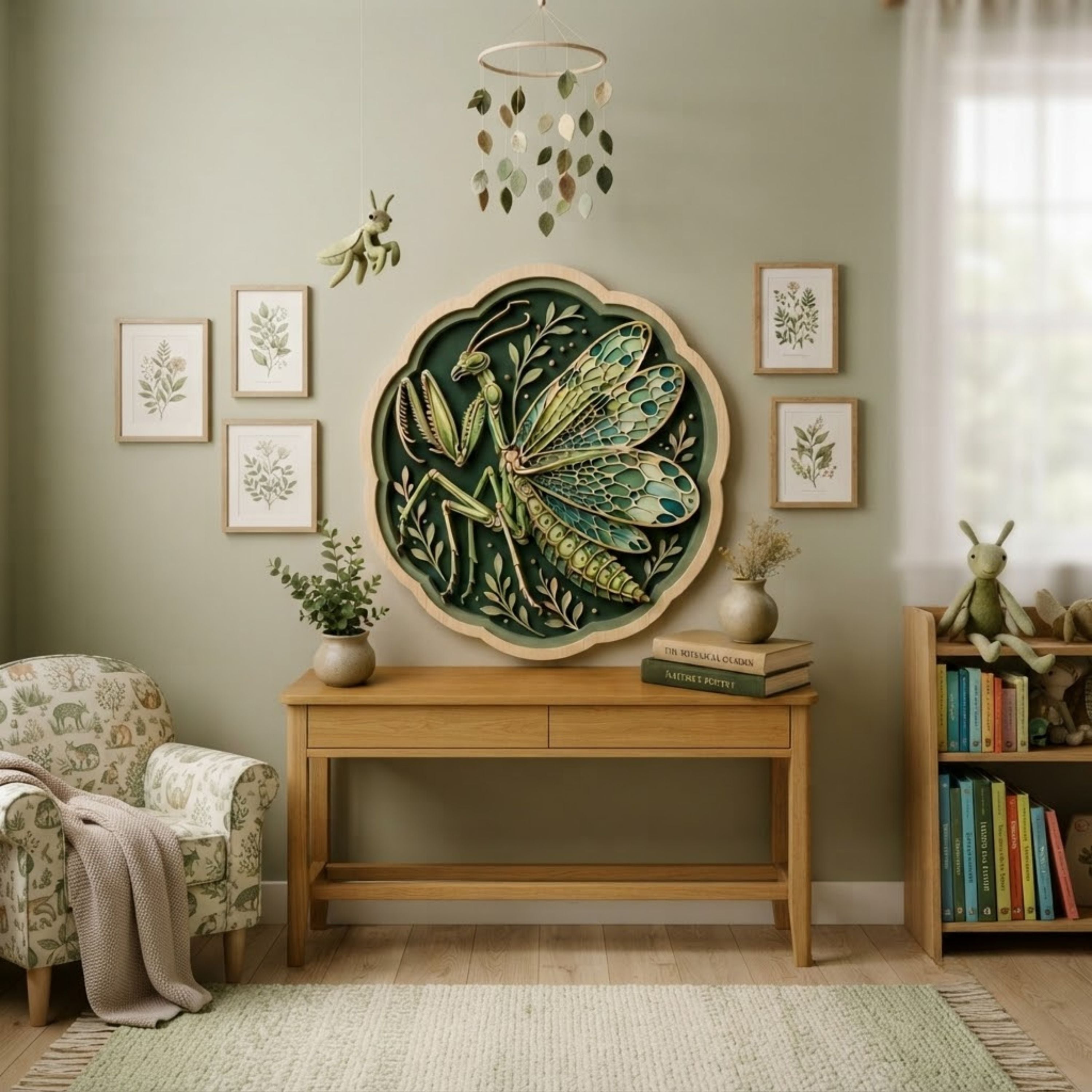 Winged Praying Mantis Wooden Sign - Botanical Cottagecore Insect Wall Decor