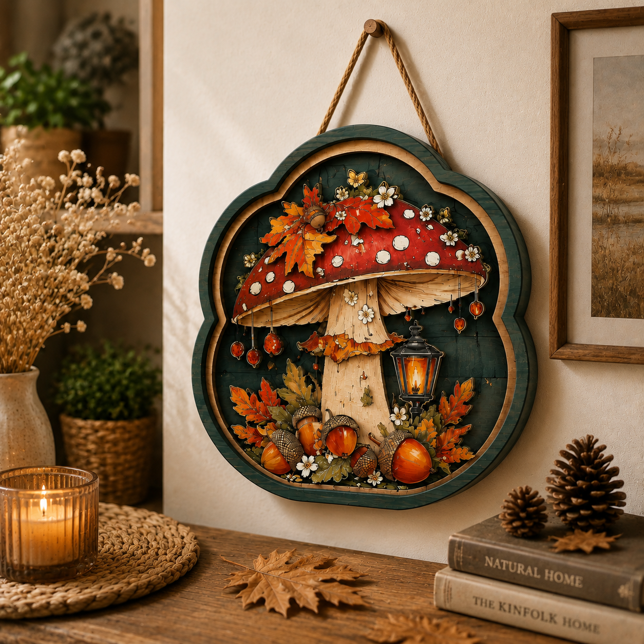 Autumn Mushroom Wooden Sign - Rustic Fall Wall Decor with Acorns, Leaves & Lantern