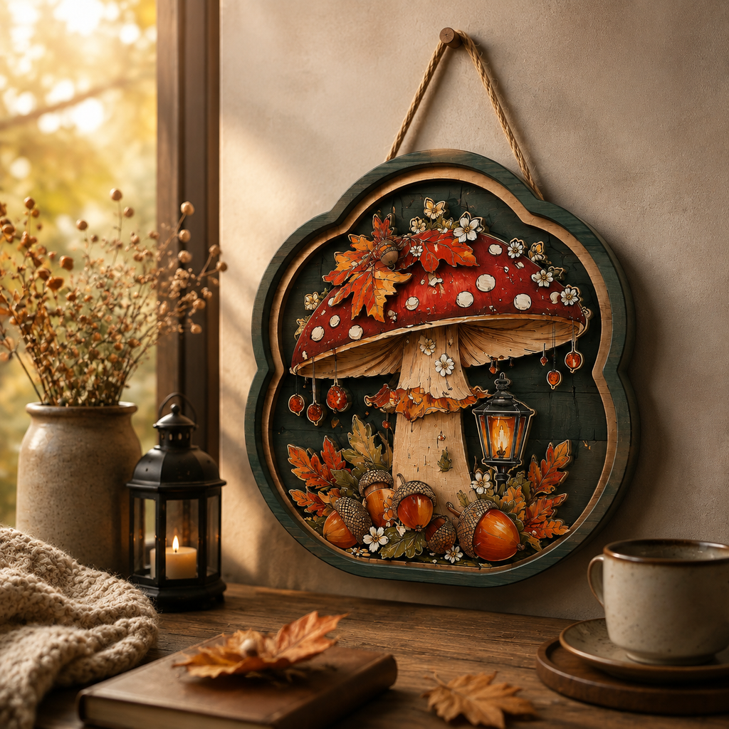 Autumn Mushroom Wooden Sign - Rustic Fall Wall Decor with Acorns, Leaves & Lantern