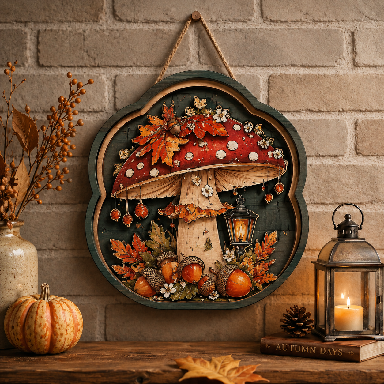 Autumn Mushroom Wooden Sign - Rustic Fall Wall Decor with Acorns, Leaves & Lantern