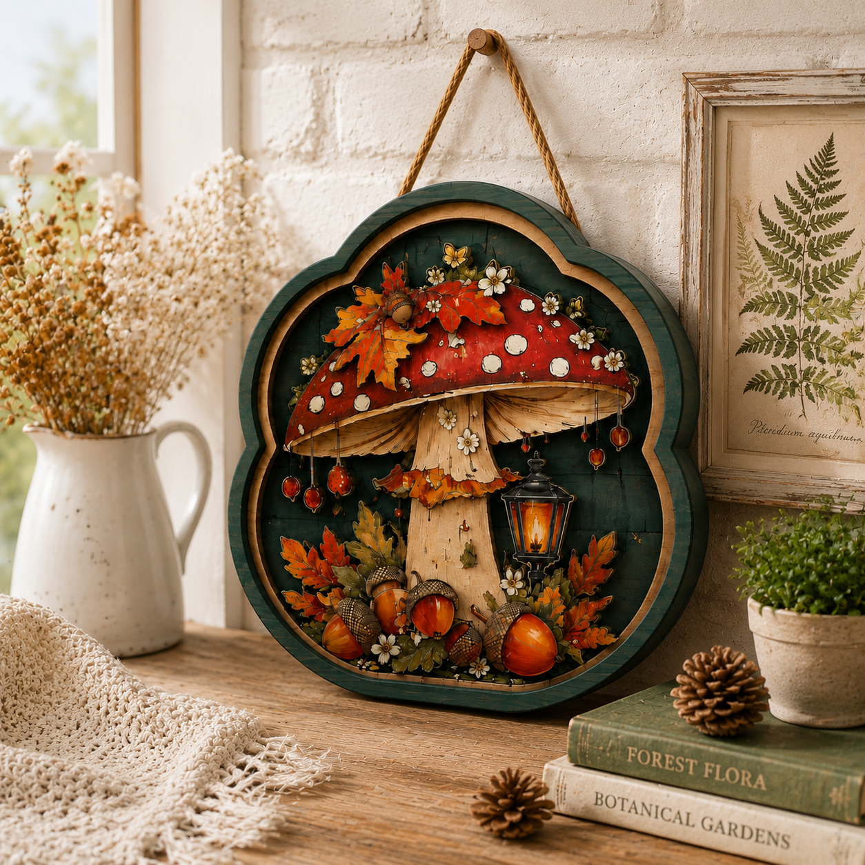Autumn Mushroom Wooden Sign - Rustic Fall Wall Decor with Acorns, Leaves & Lantern