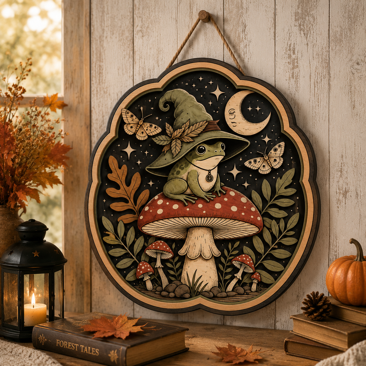 Mystical Frog Wizard Wooden Sign - Enchanted Mushroom, Moon & Moth Wall Decor