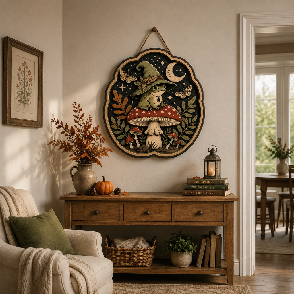 Mystical Frog Wizard Wooden Sign - Enchanted Mushroom, Moon & Moth Wall Decor