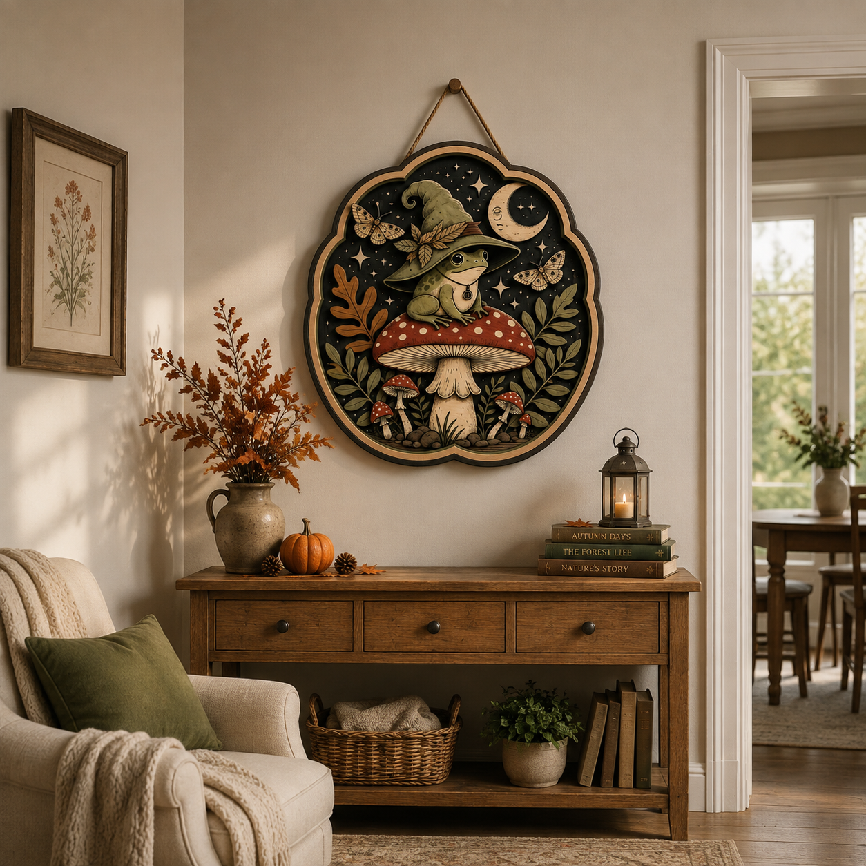 Mystical Frog Wizard Wooden Sign - Enchanted Mushroom, Moon & Moth Wall Decor