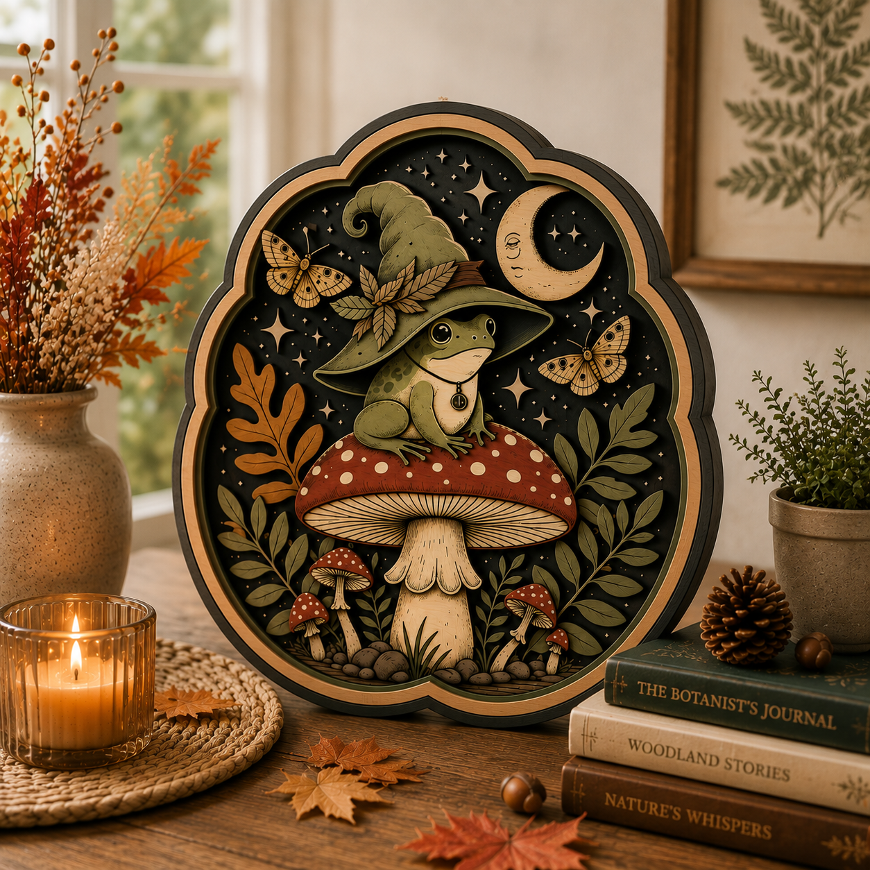 Mystical Frog Wizard Wooden Sign - Enchanted Mushroom, Moon & Moth Wall Decor