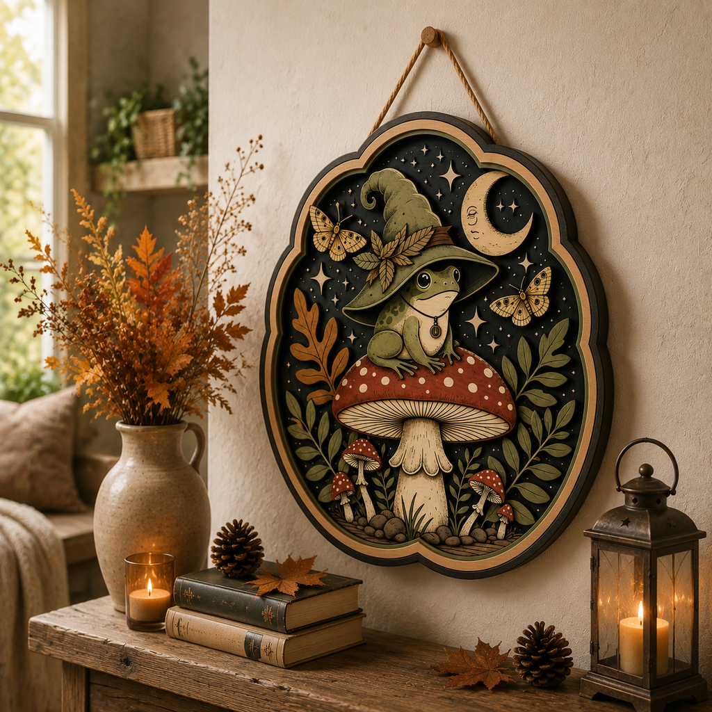 Mystical Frog Wizard Wooden Sign - Enchanted Mushroom, Moon & Moth Wall Decor