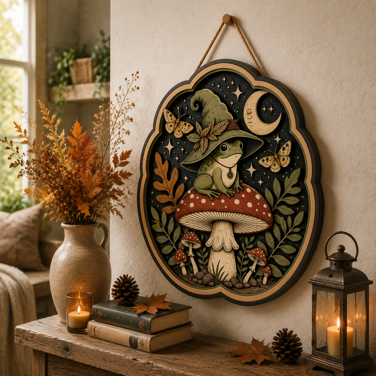 Mystical Frog Wizard Wooden Sign - Enchanted Mushroom, Moon & Moth Wall Decor