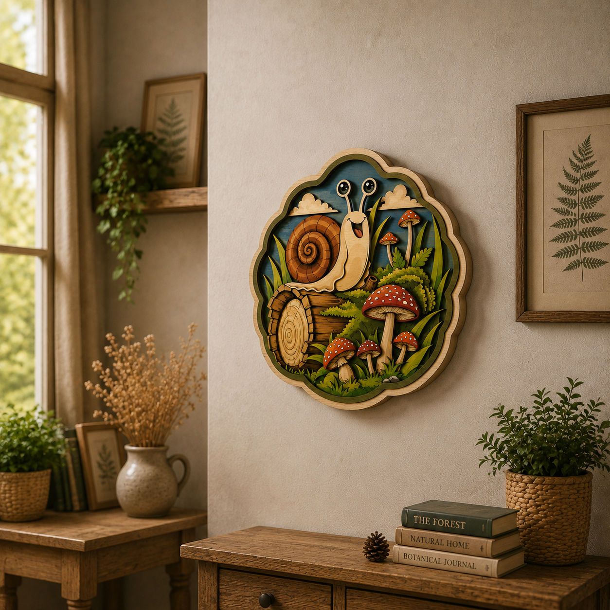 Happy Snail Mushroom Garden Wooden Sign - Cute Woodland Cottagecore Wall Decor
