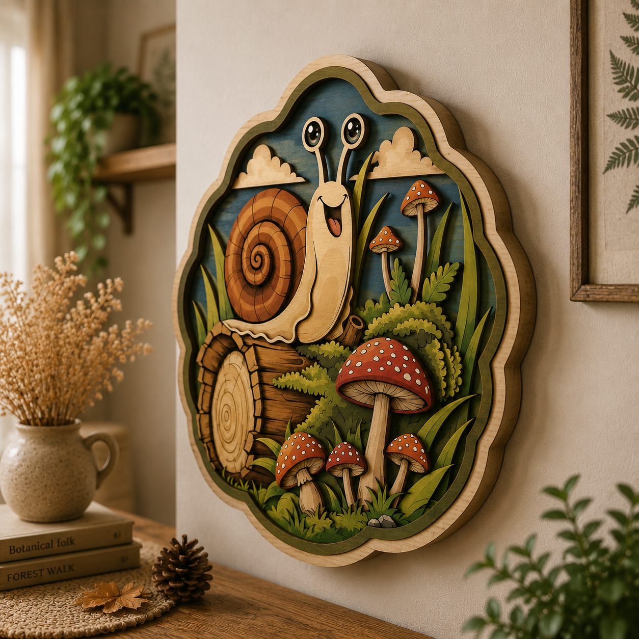 Happy Snail Mushroom Garden Wooden Sign - Cute Woodland Cottagecore Wall Decor