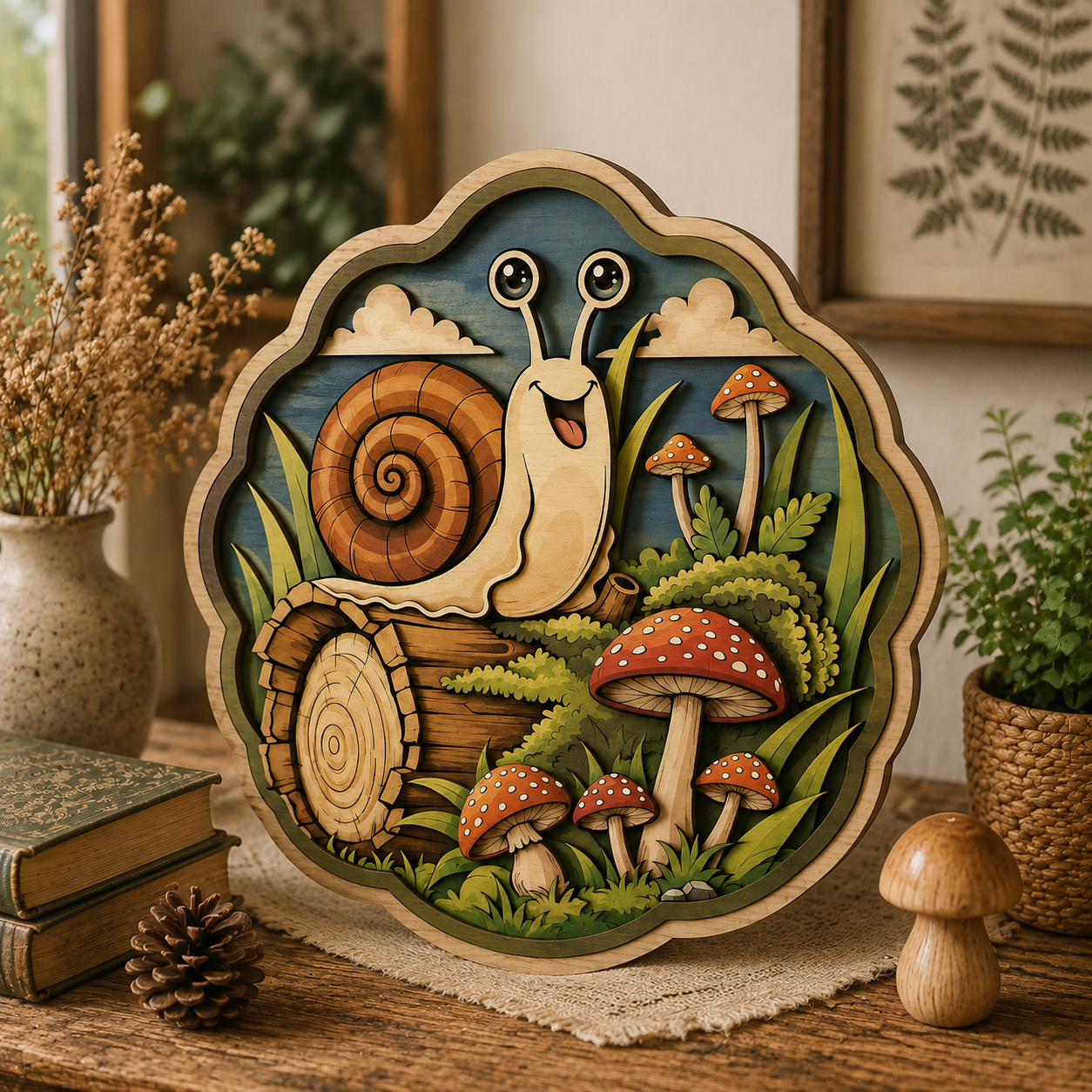 Happy Snail Mushroom Garden Wooden Sign - Cute Woodland Cottagecore Wall Decor