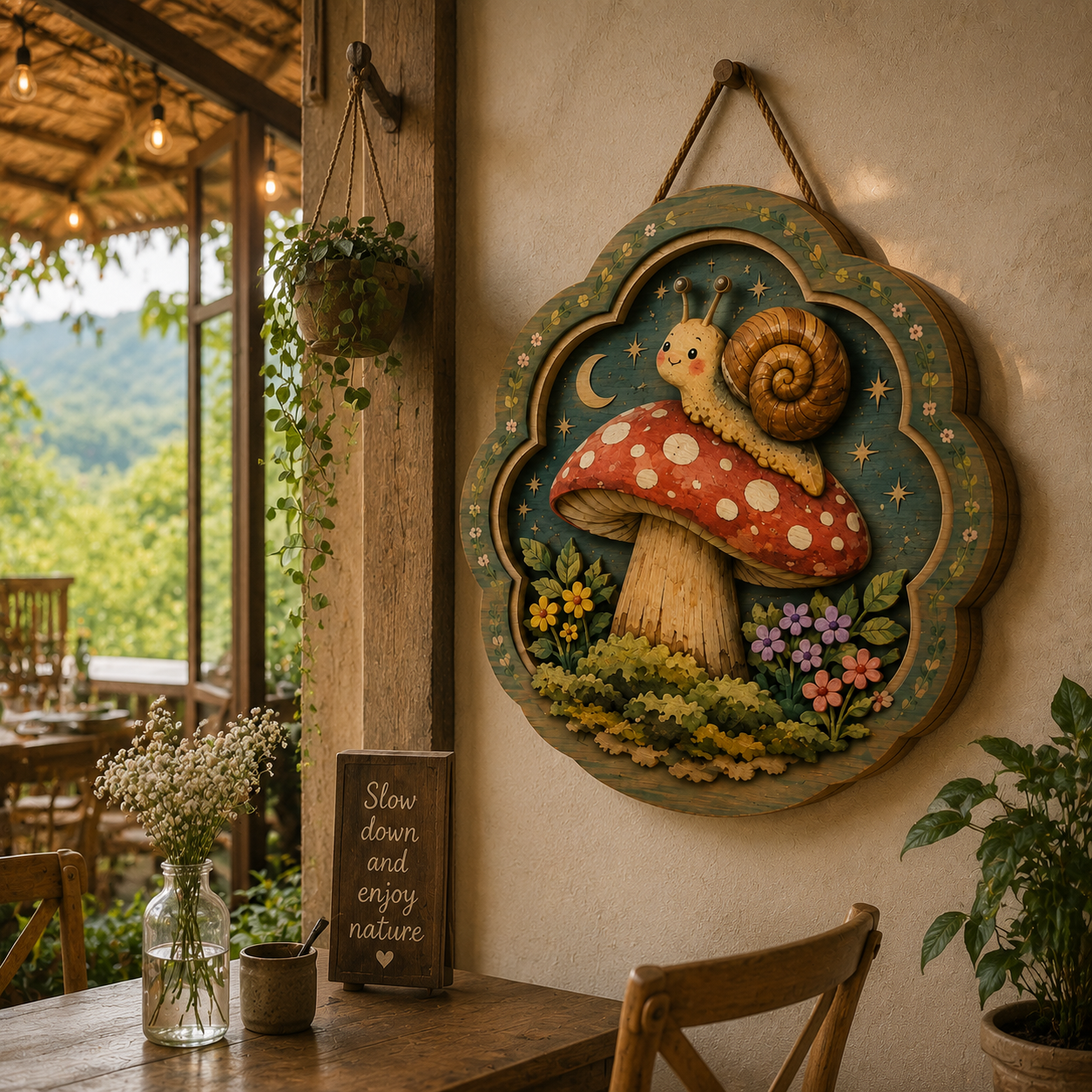 Whimsical Snail on Mushroom Wooden Sign - Moonlit Cottagecore Woodland Wall Decor
