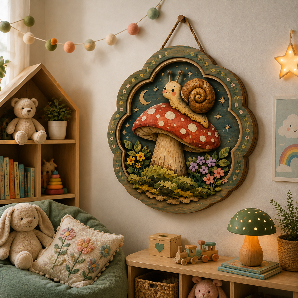 Whimsical Snail on Mushroom Wooden Sign - Moonlit Cottagecore Woodland Wall Decor
