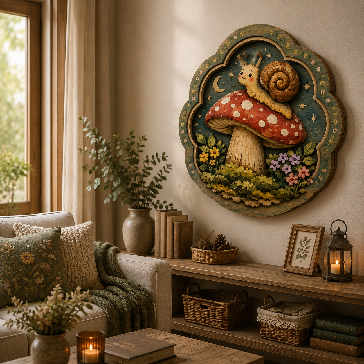 Whimsical Snail on Mushroom Wooden Sign - Moonlit Cottagecore Woodland Wall Decor