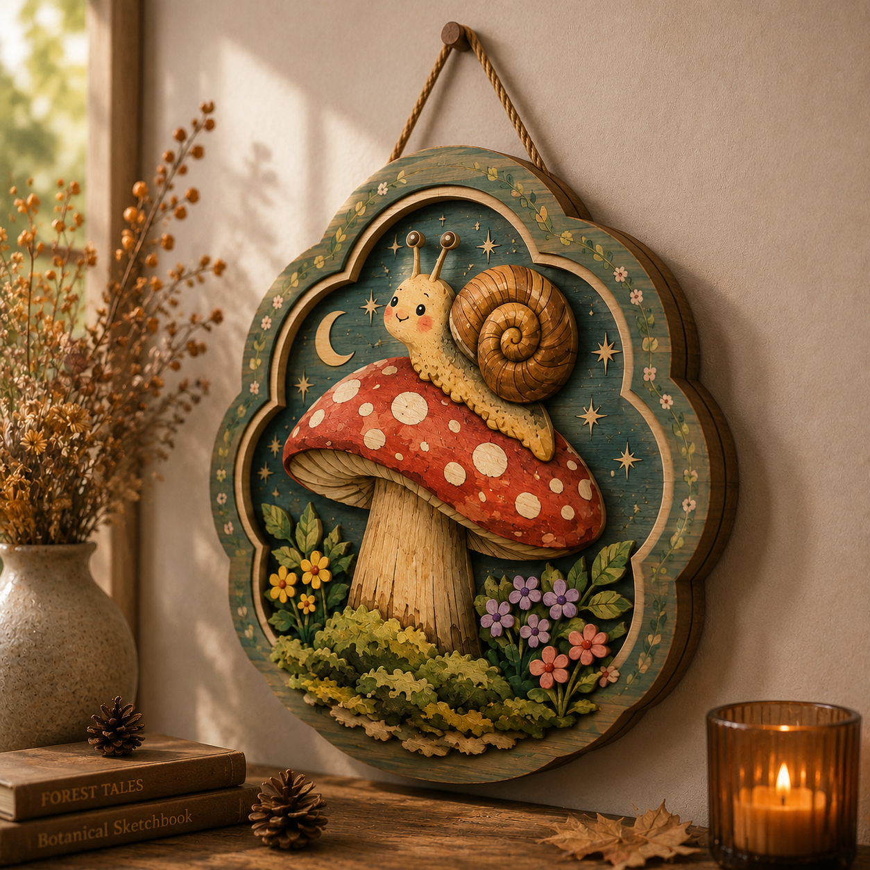 Whimsical Snail on Mushroom Wooden Sign - Moonlit Cottagecore Woodland Wall Decor