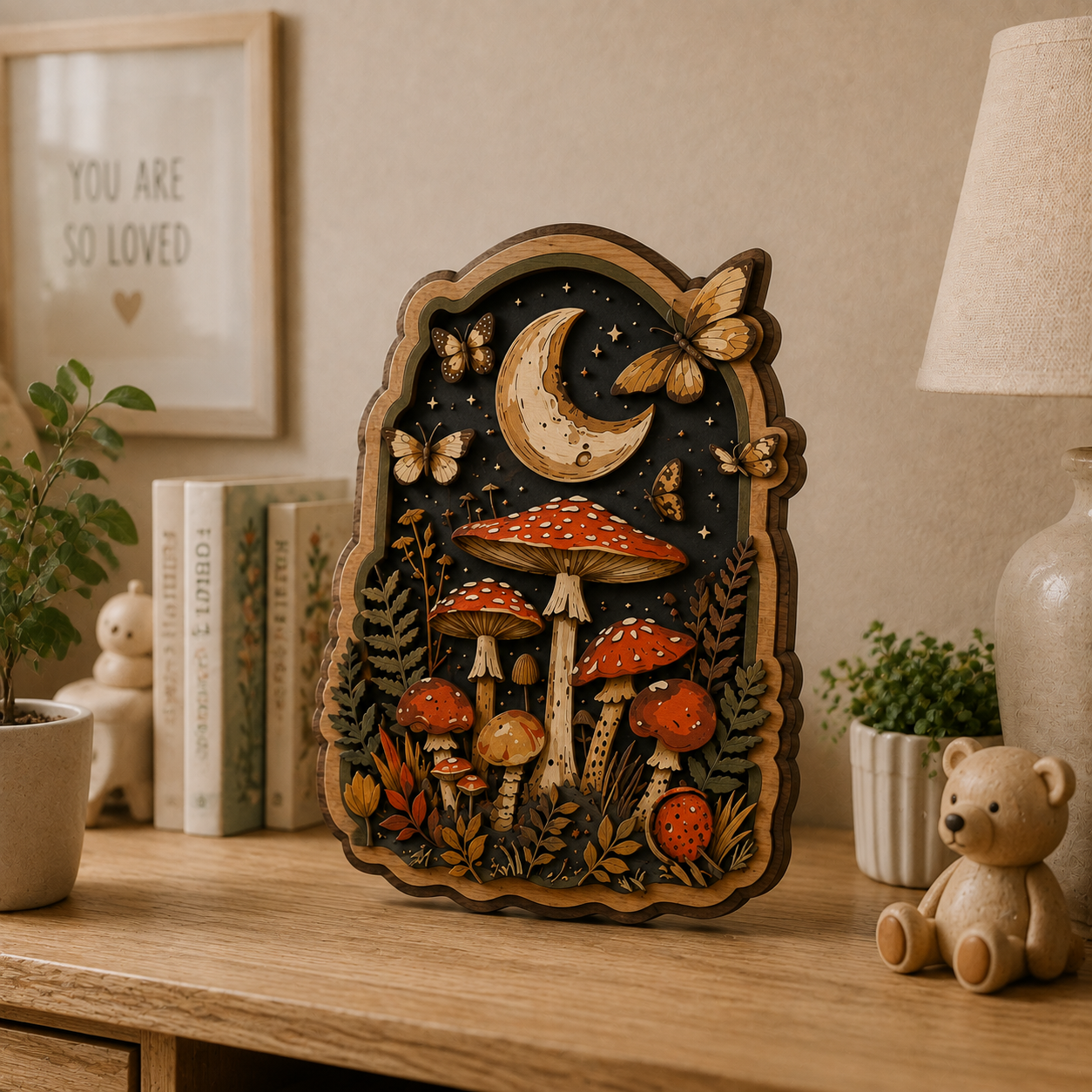 Moonlit Mushroom & Butterfly Wooden Sign - Enchanted Woodland Cottagecore Wall Decor