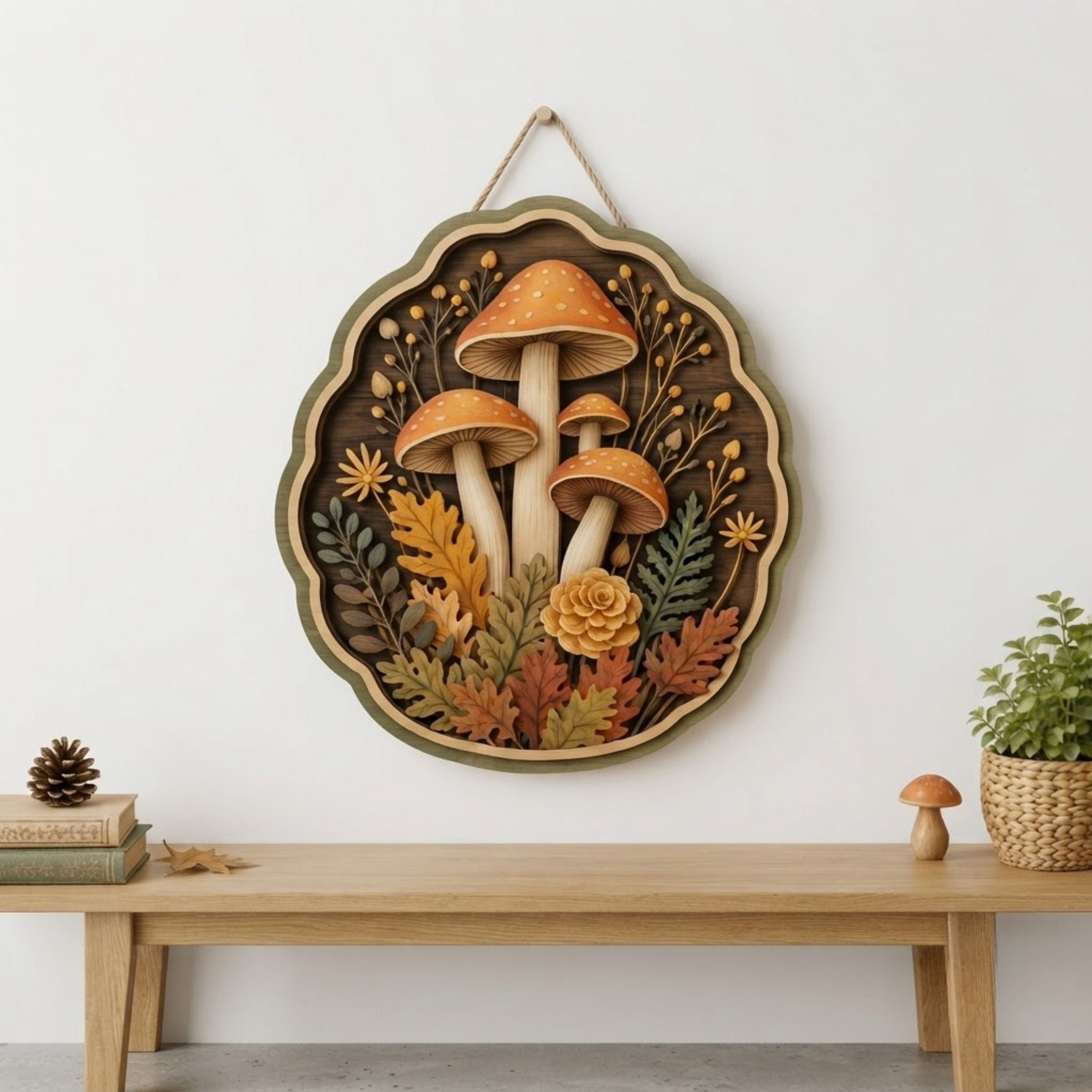 Golden Autumn Mushroom Garden Wooden Sign - Rustic Woodland Cottagecore Wall Decor