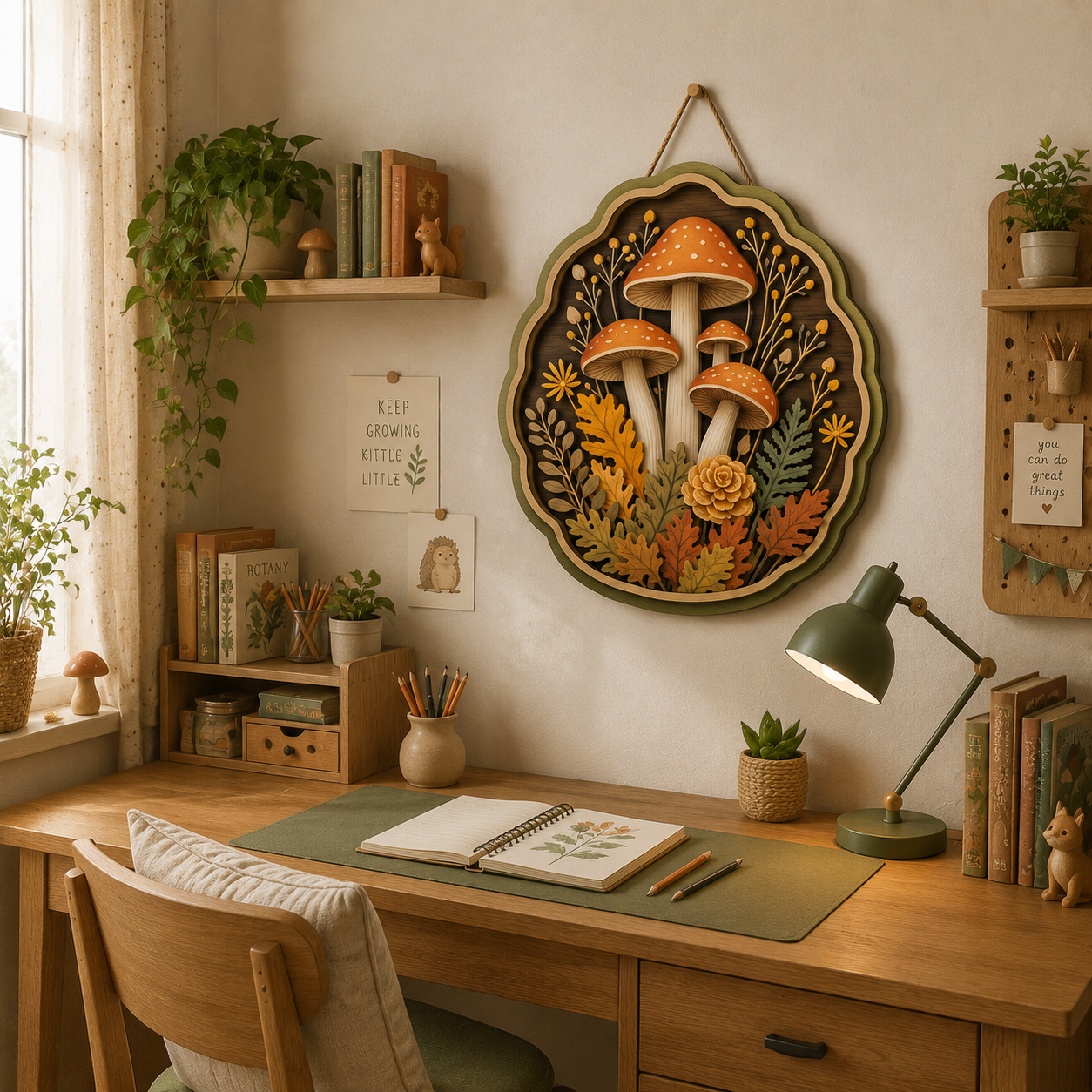 Golden Autumn Mushroom Garden Wooden Sign - Rustic Woodland Cottagecore Wall Decor