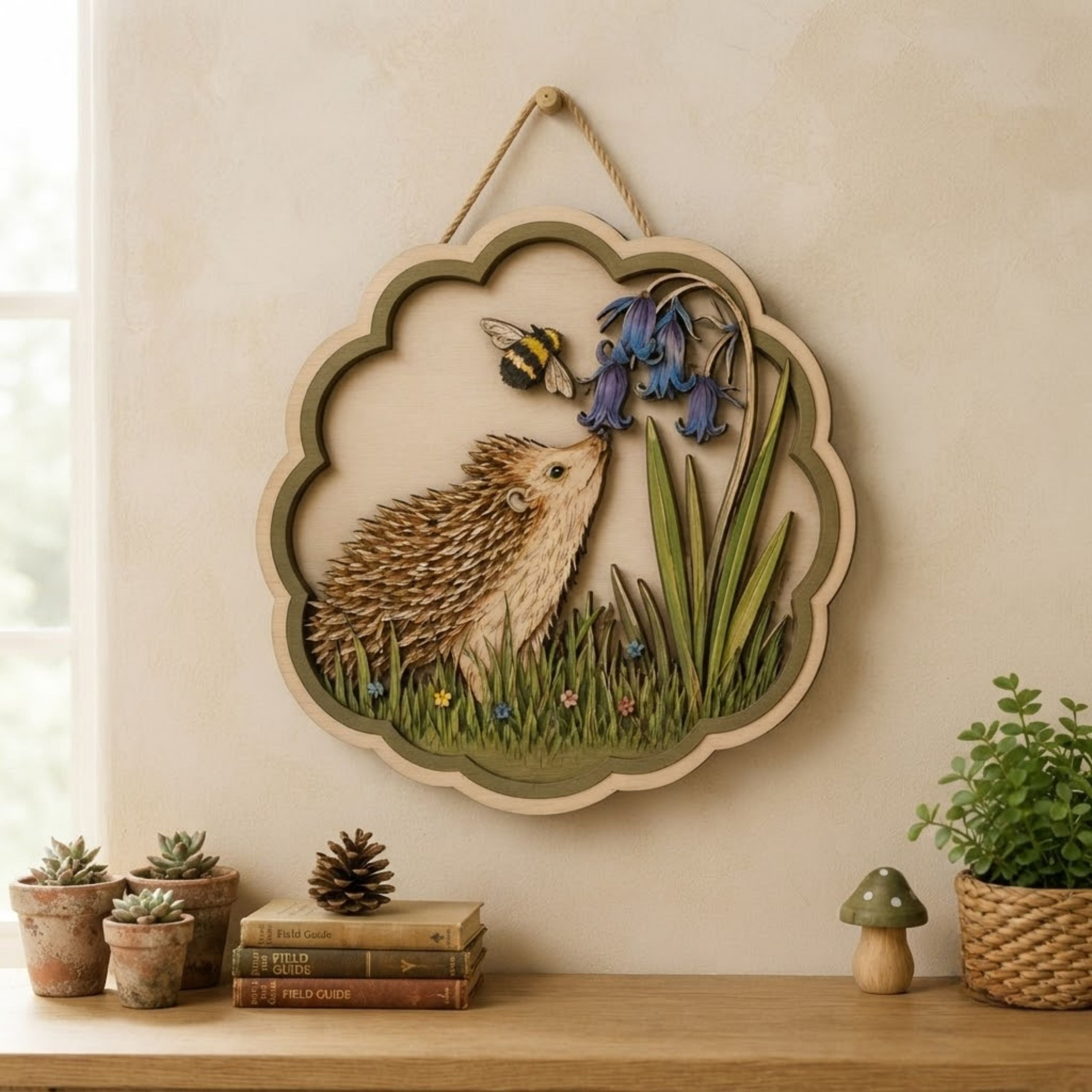 Hedgehog Bluebell Garden Wooden Sign - Cottagecore Botanical Woodland Wall Decor