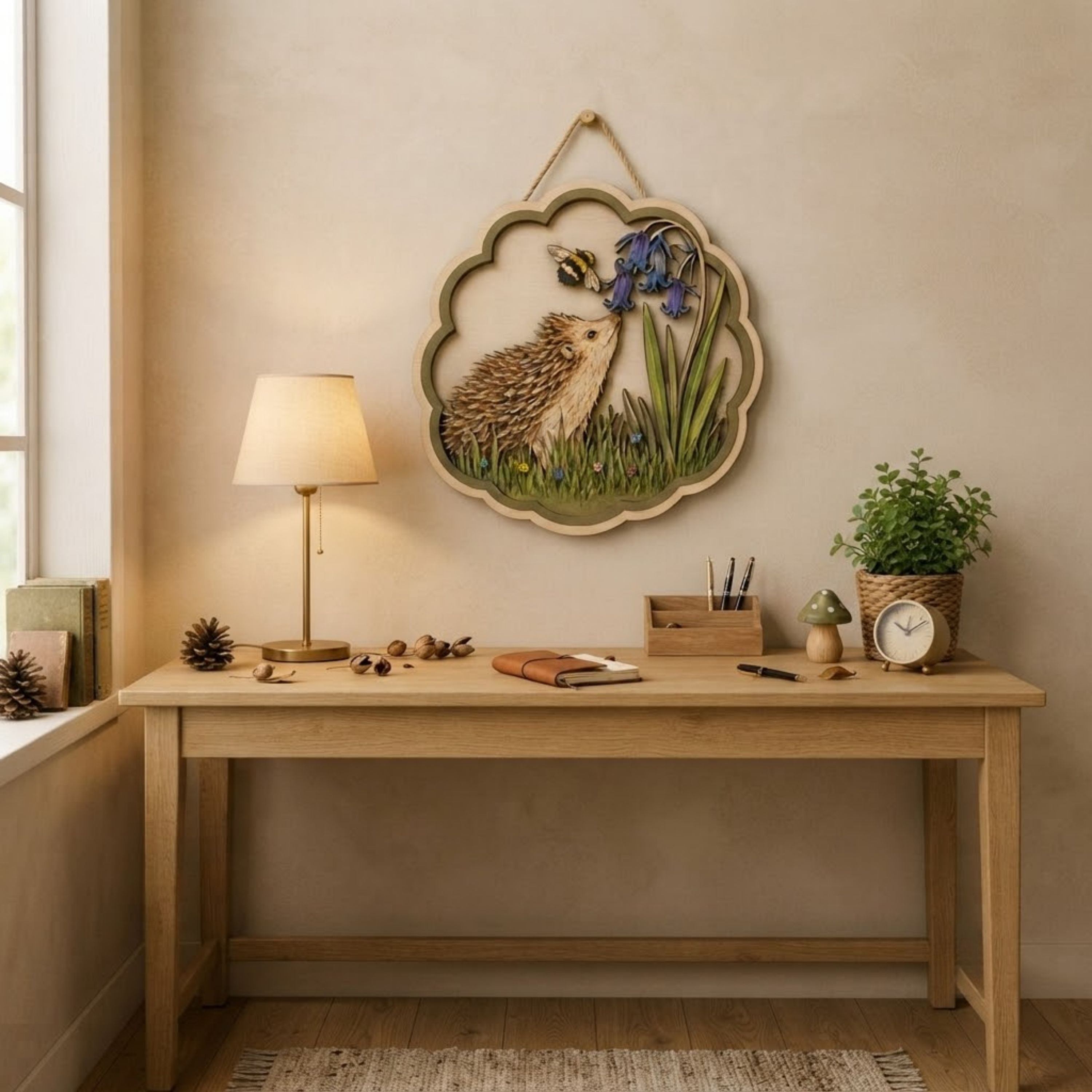 Hedgehog Bluebell Garden Wooden Sign - Cottagecore Botanical Woodland Wall Decor