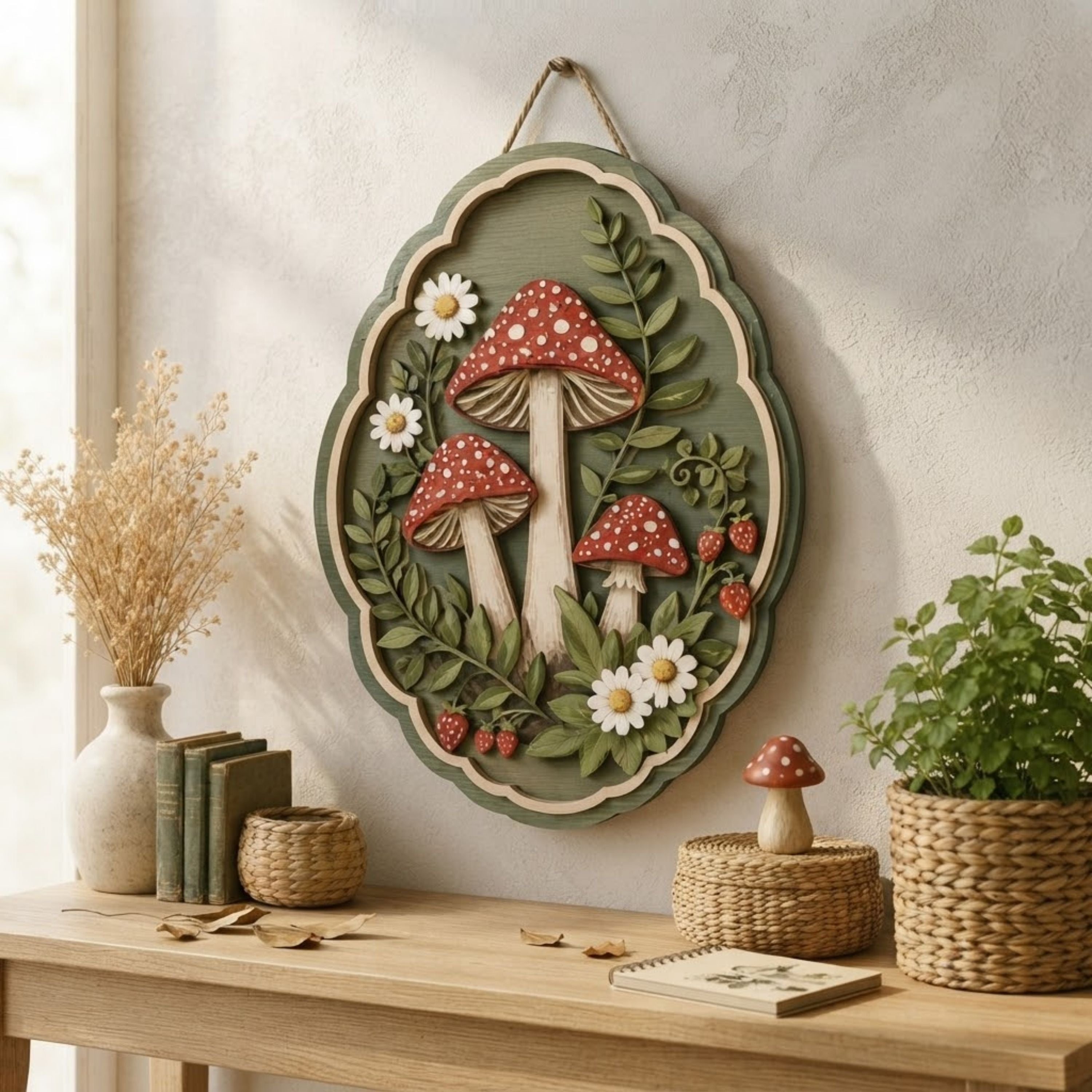 Strawberry Mushroom Garden Wooden Sign - Cottagecore Botanical Woodland Wall Decor