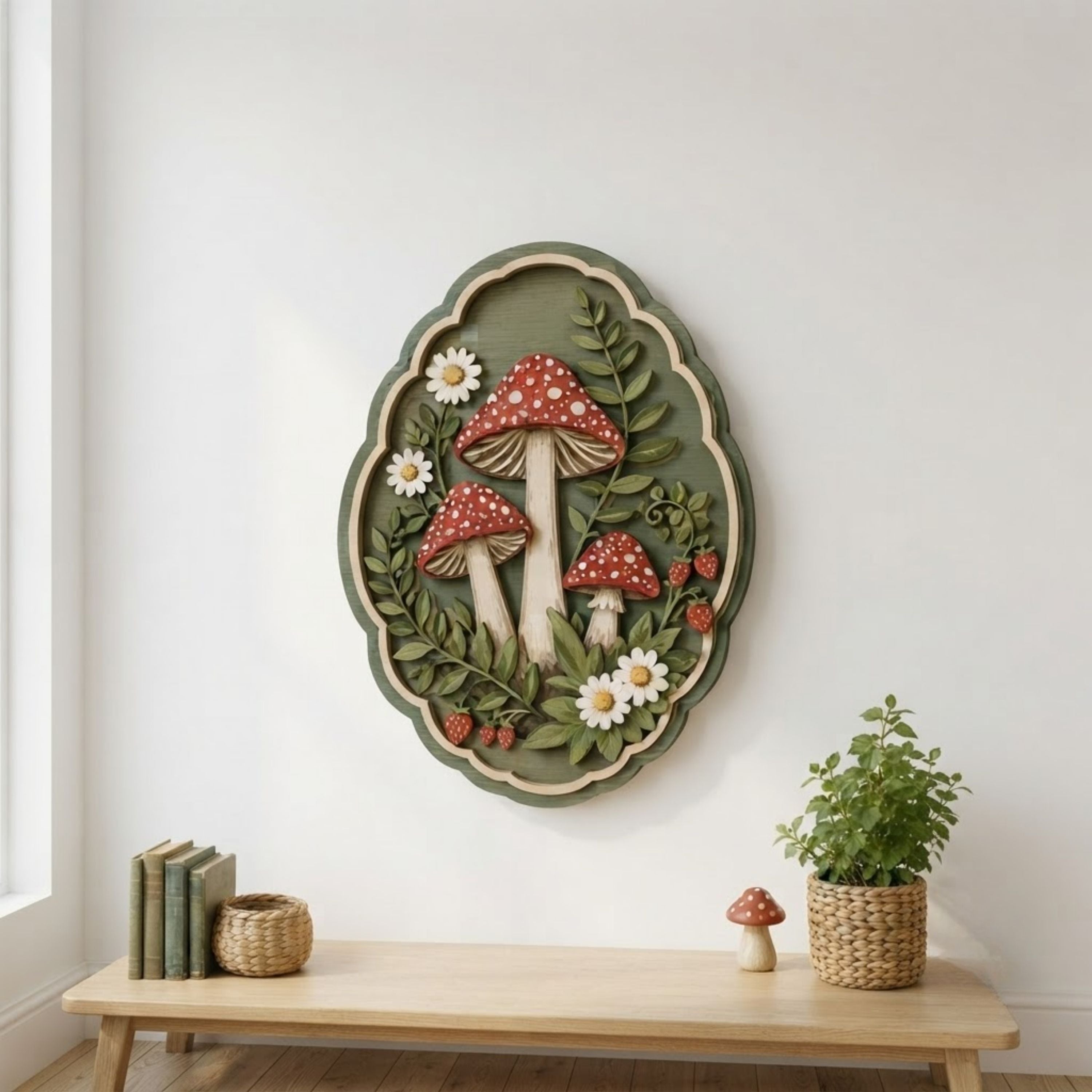 Strawberry Mushroom Garden Wooden Sign - Cottagecore Botanical Woodland Wall Decor