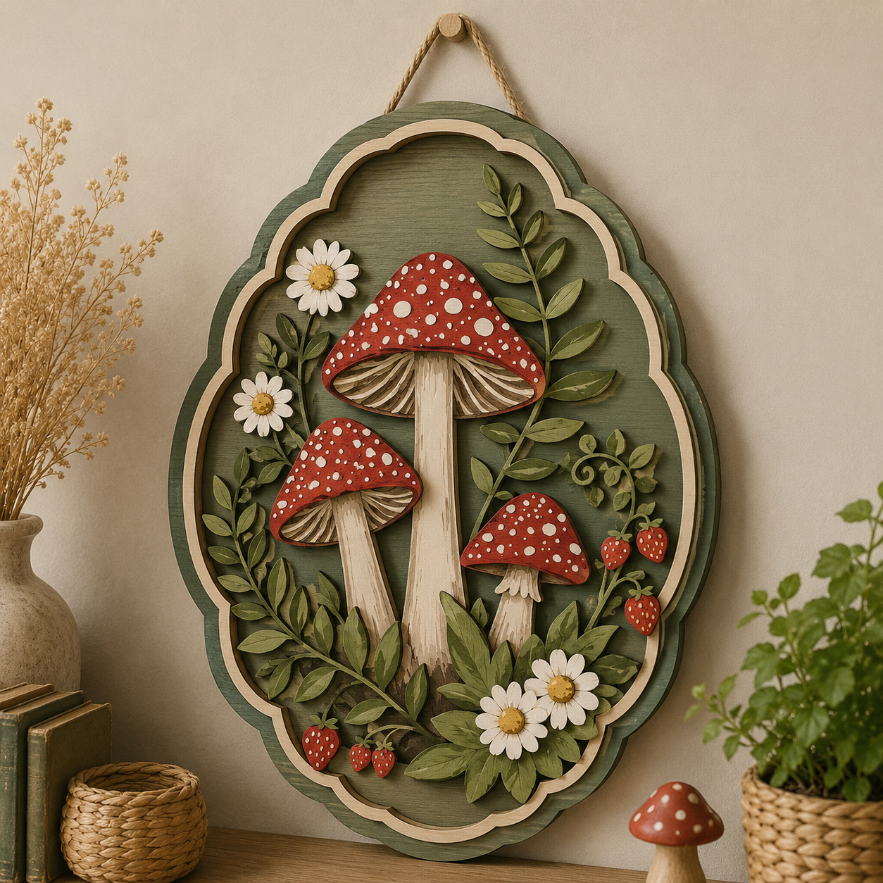 Strawberry Mushroom Garden Wooden Sign - Cottagecore Botanical Woodland Wall Decor