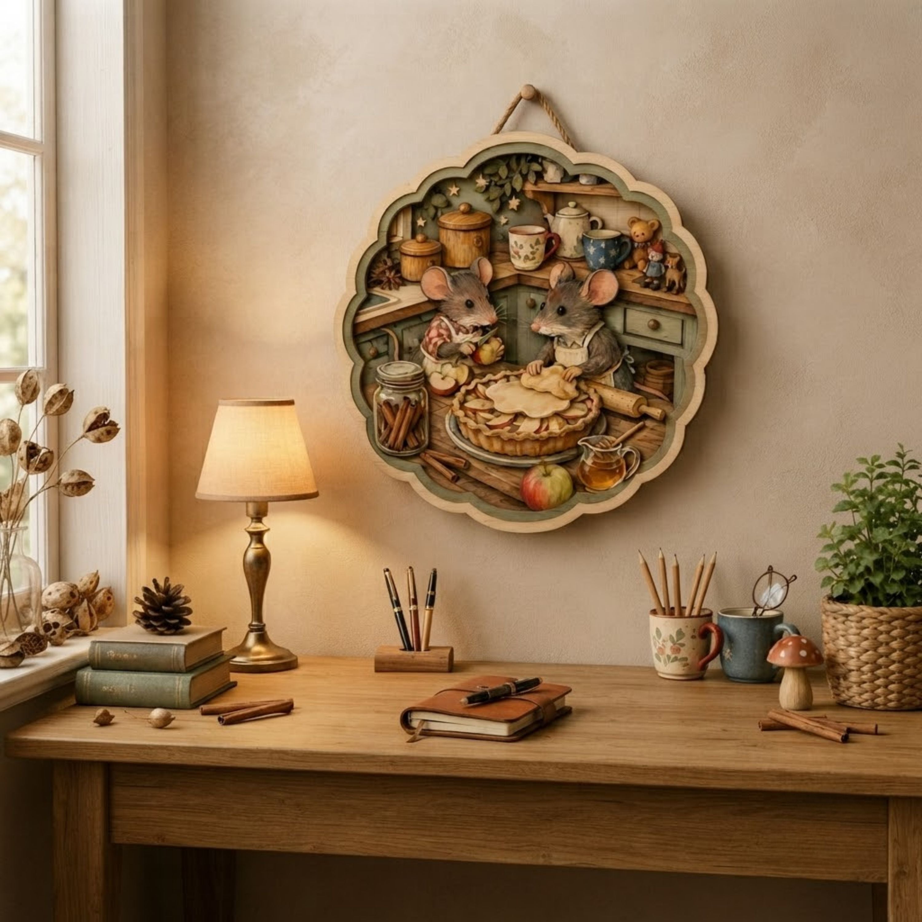 Woodland Mice Baking Apple Pie Wooden Sign - Cottagecore Kitchen Wall Decor