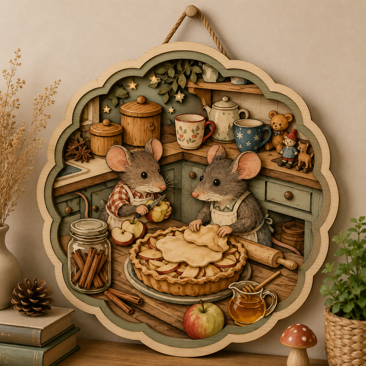 Woodland Mice Baking Apple Pie Wooden Sign - Cottagecore Kitchen Wall Decor