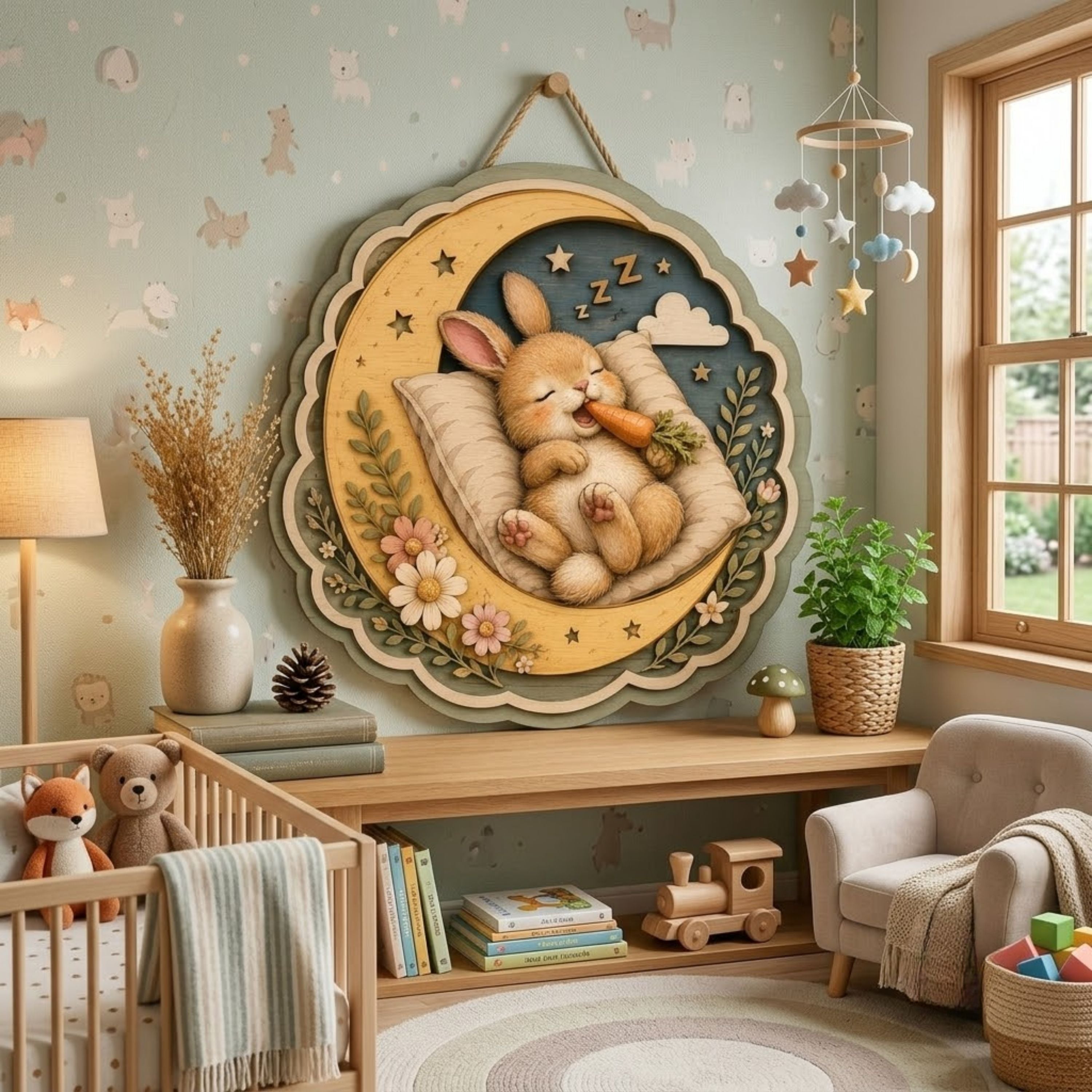 Sleeping Bunny Moon Wooden Sign - Cottagecore Woodland Nursery Wall Decor