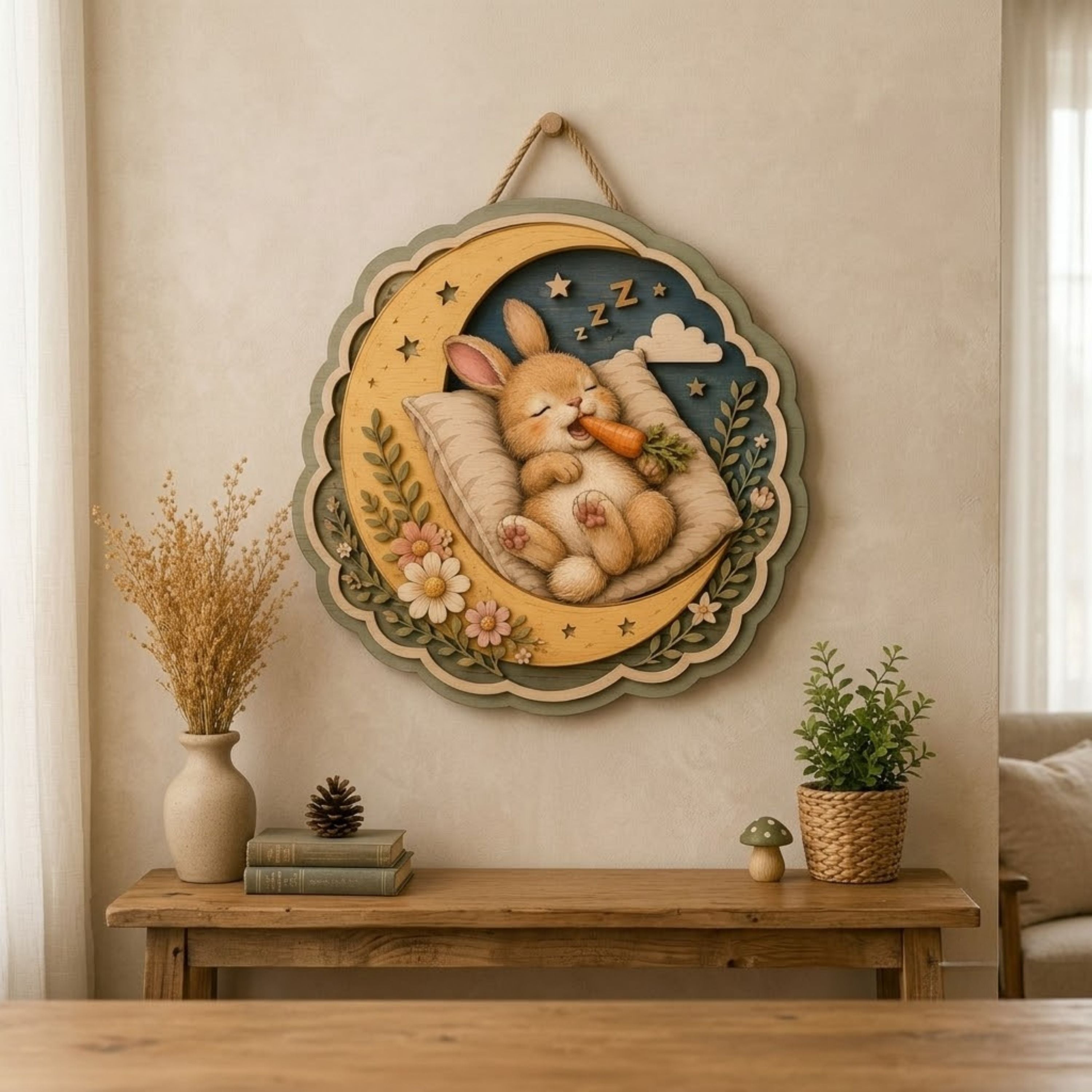 Sleeping Bunny Moon Wooden Sign - Cottagecore Woodland Nursery Wall Decor