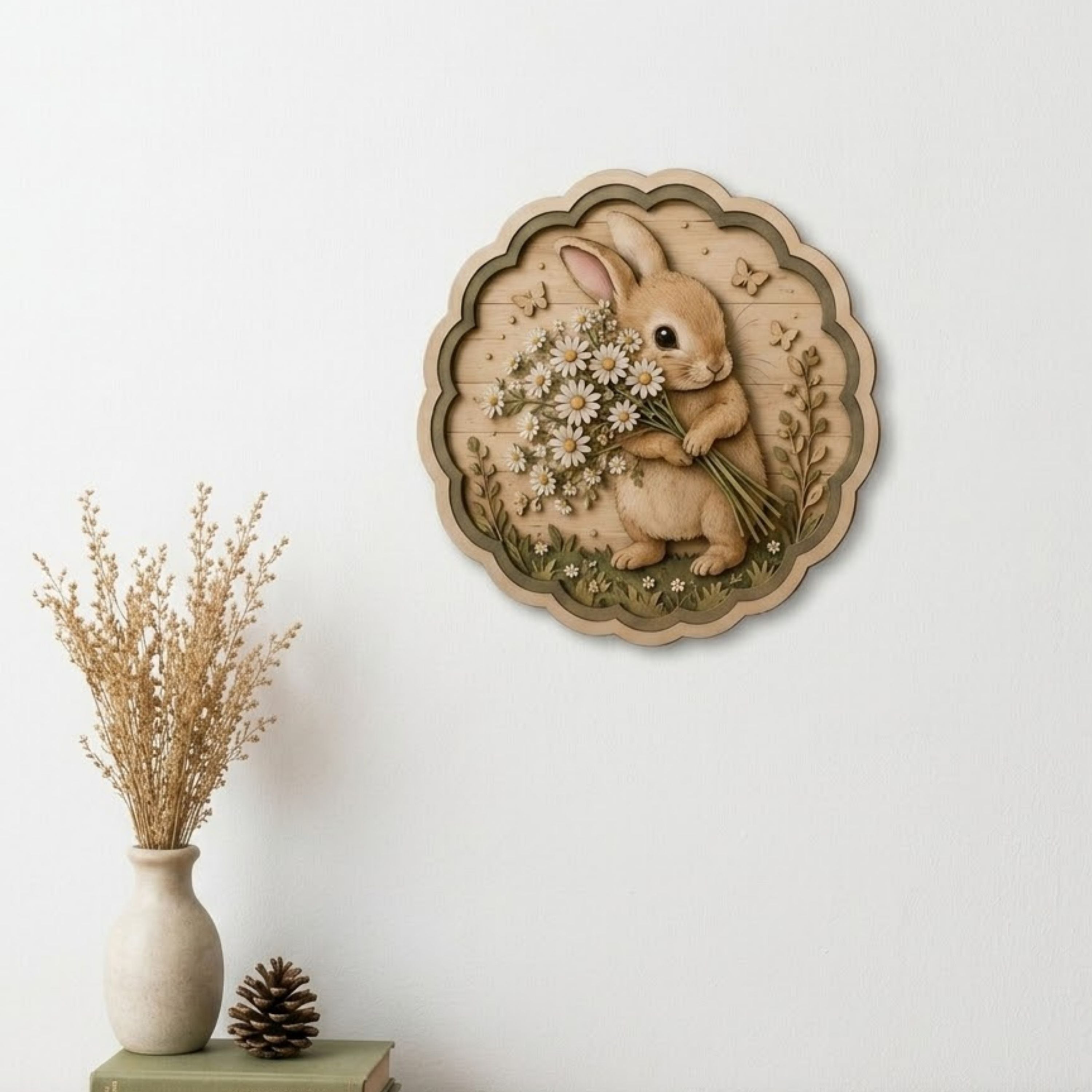 Bunny Daisy Bouquet Wooden Sign - Cottagecore Botanical Woodland Wall Decor