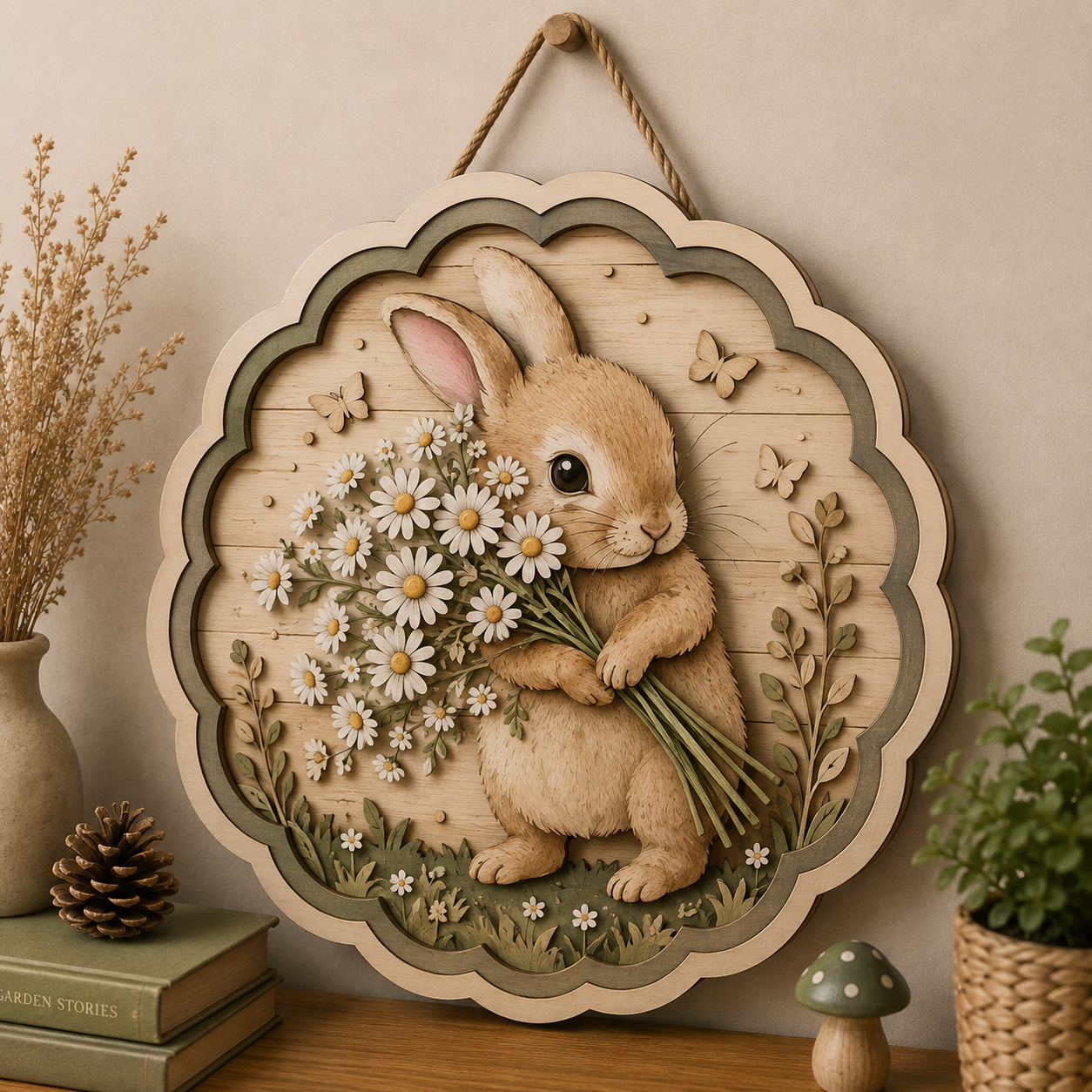 Bunny Daisy Bouquet Wooden Sign - Cottagecore Botanical Woodland Wall Decor