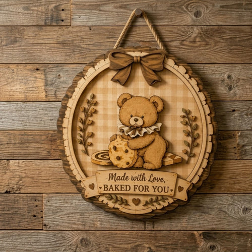 Baking Love Wooden Sign - Cute Teddy Bear Wall Decor with Cookie, Rustic Nursery & Kitchen Decoration