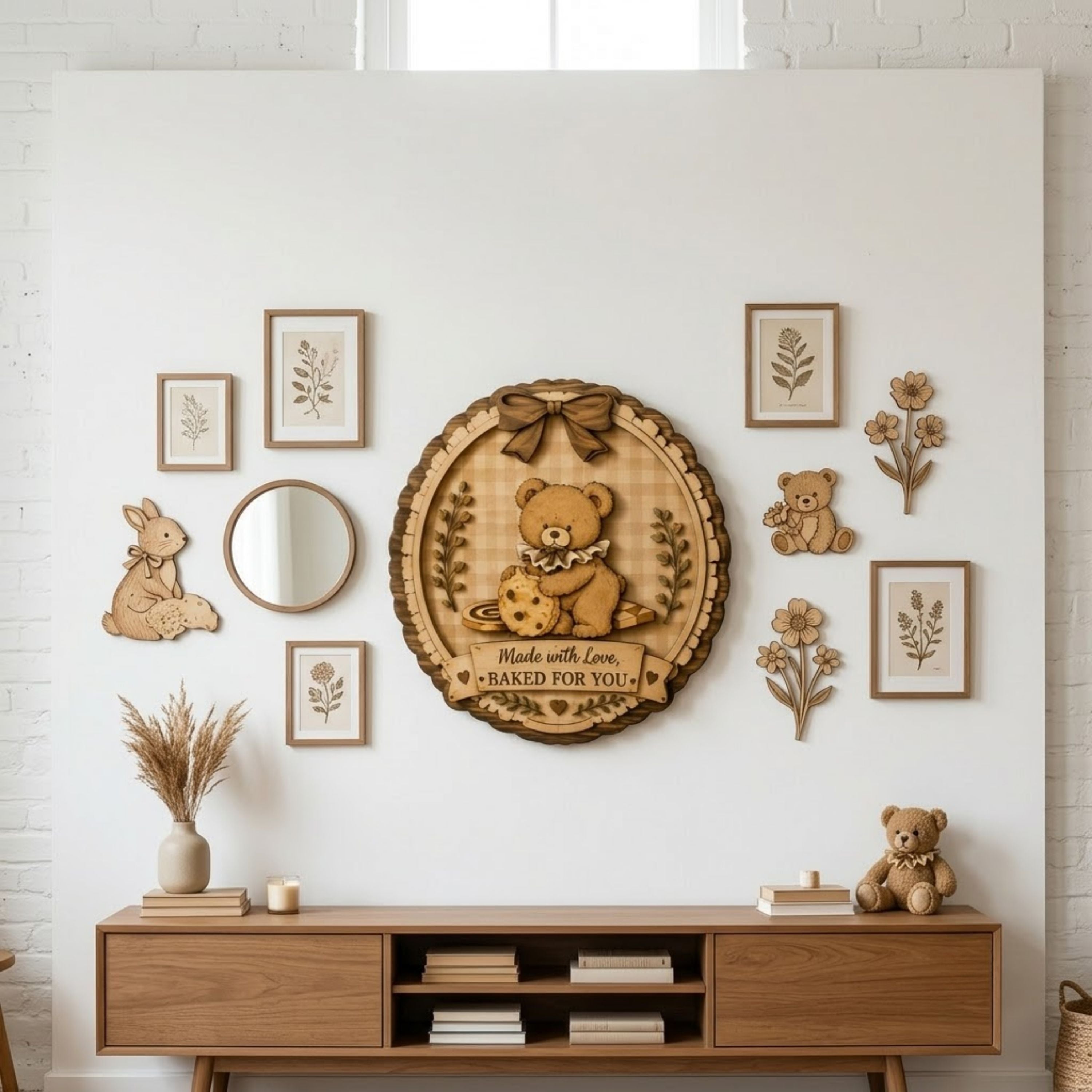 Baking Love Wooden Sign - Cute Teddy Bear Wall Decor with Cookie, Rustic Nursery & Kitchen Decoration