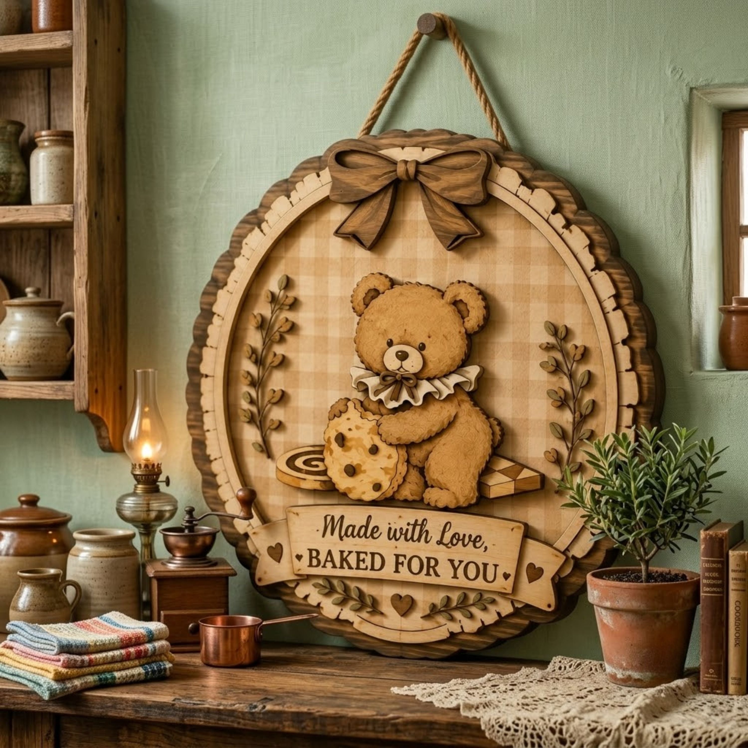 Baking Love Wooden Sign - Cute Teddy Bear Wall Decor with Cookie, Rustic Nursery & Kitchen Decoration