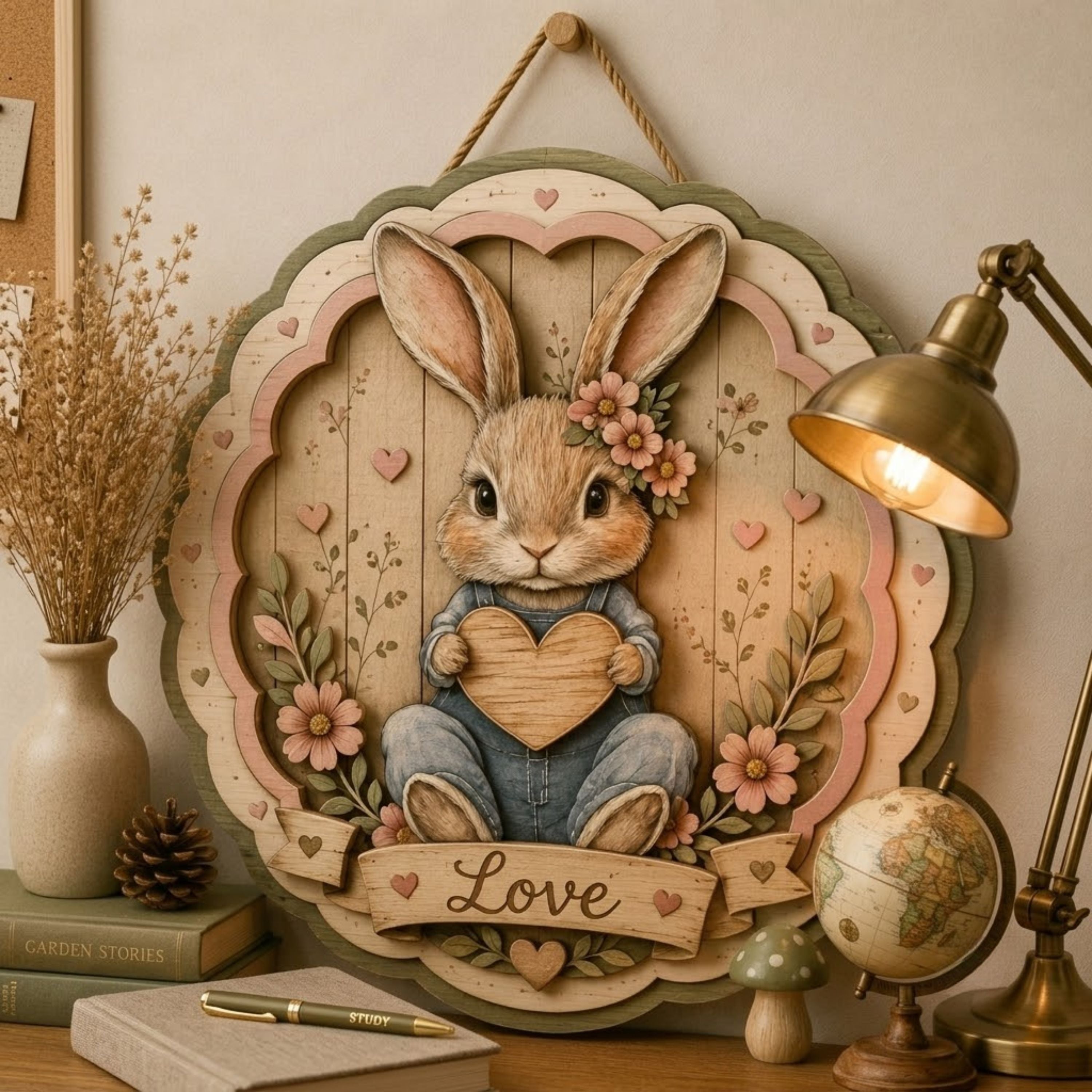 Bunny Love Heart Wooden Sign - Cottagecore Floral Woodland Wall Decor