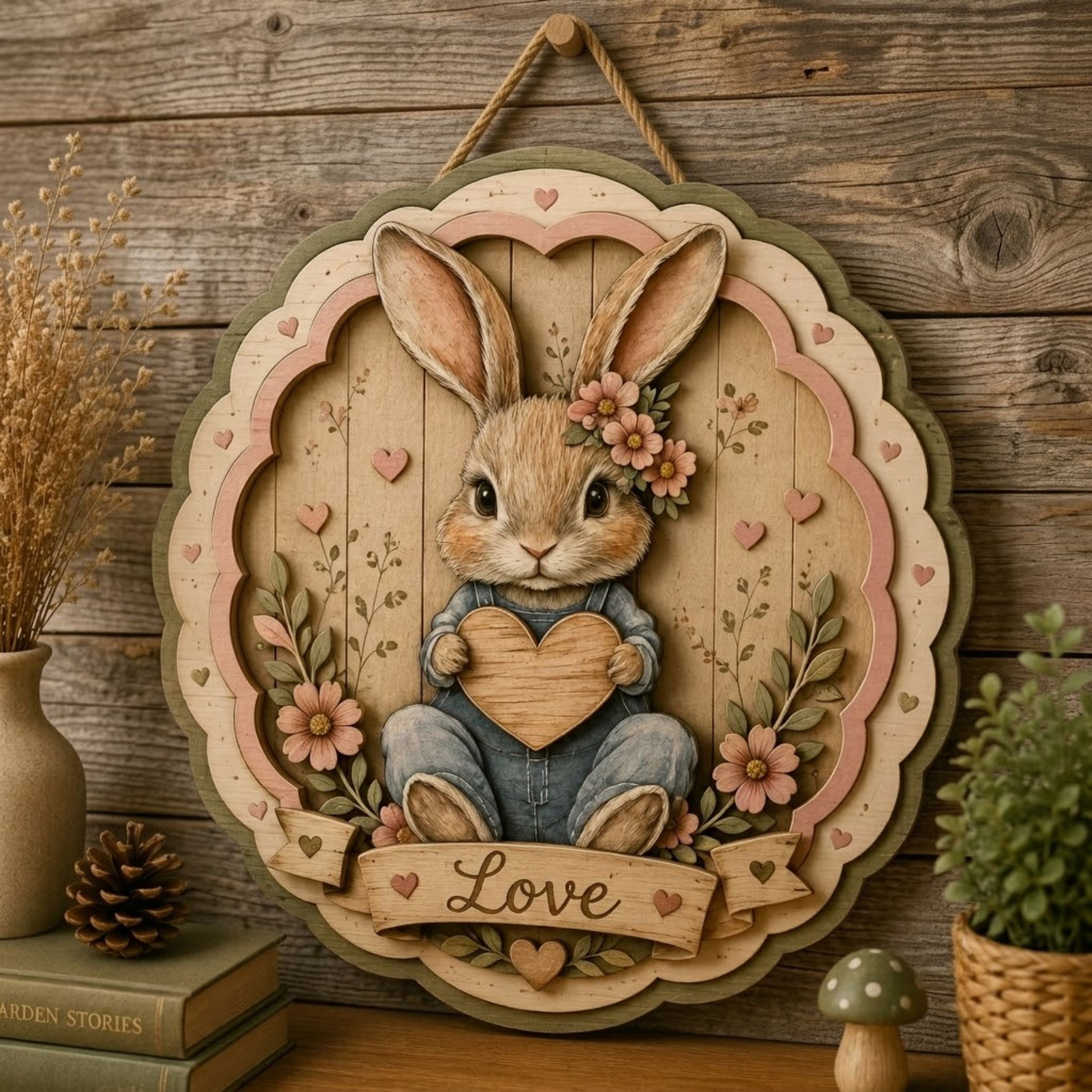 Bunny Love Heart Wooden Sign - Cottagecore Floral Woodland Wall Decor