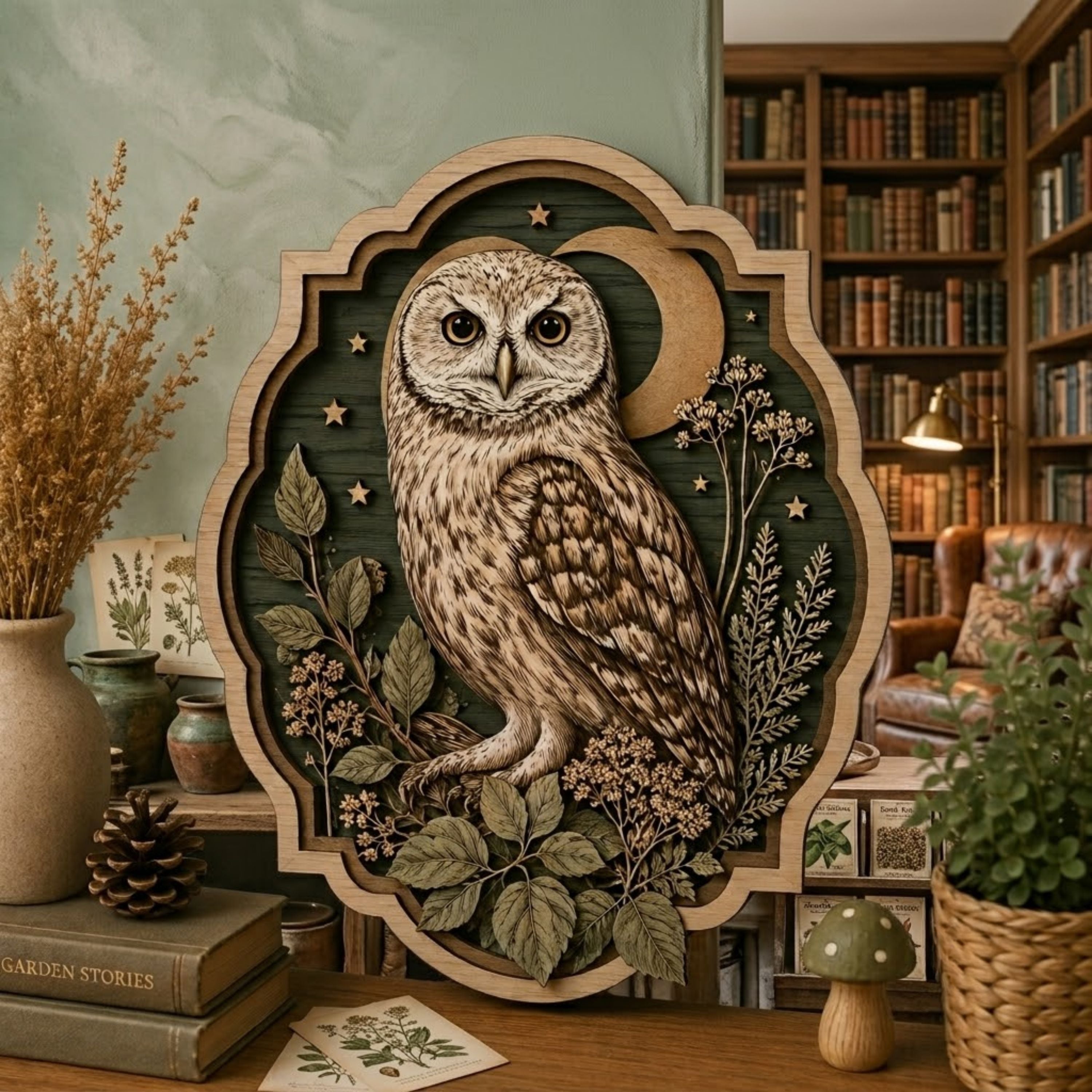 Moonlit Owl Botanical Wooden Sign - Cottagecore Woodland Night Wall Decor