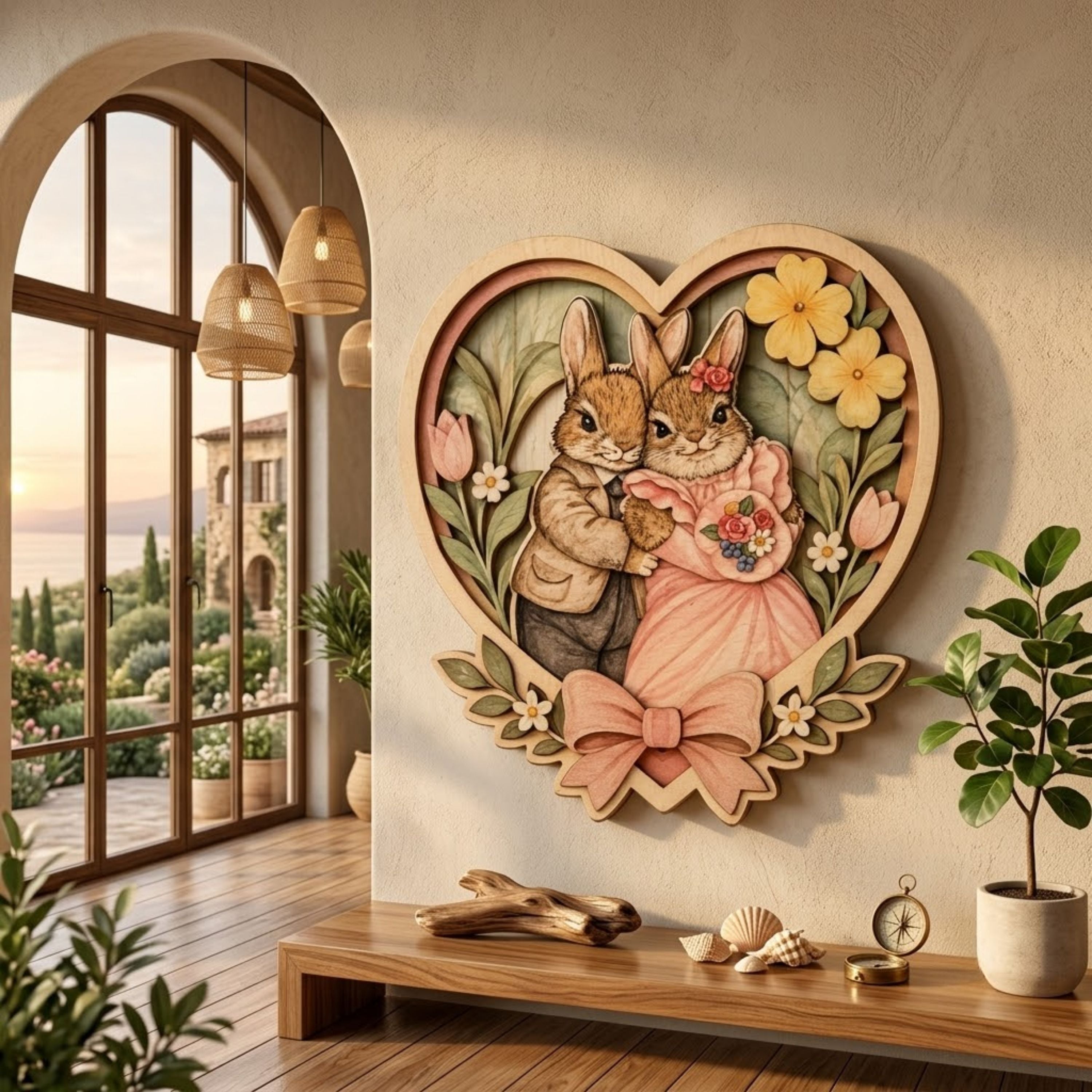 Wedding Bunny Couple Heart Wooden Sign - Cottagecore Floral Romantic Wall Decor