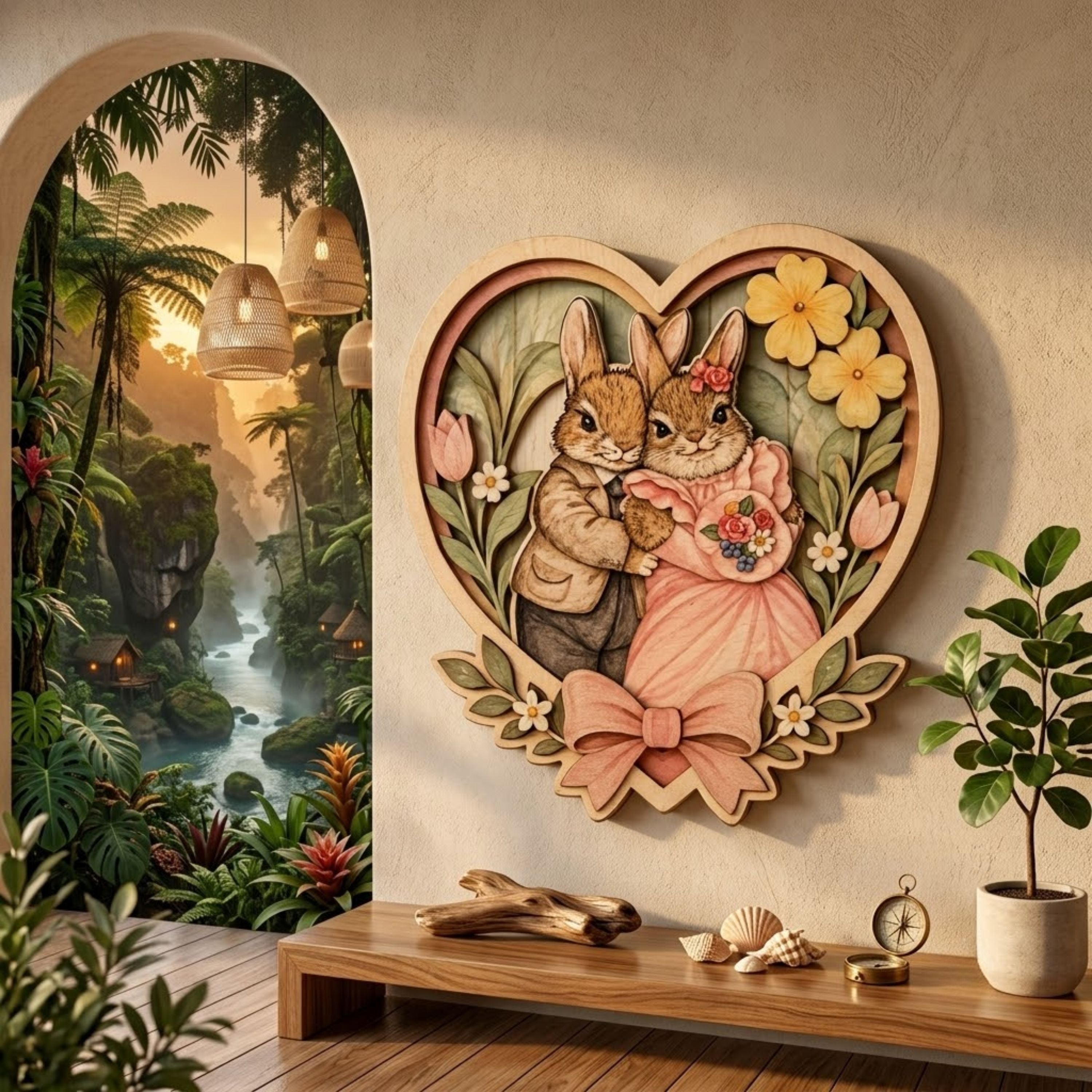 Wedding Bunny Couple Heart Wooden Sign - Cottagecore Floral Romantic Wall Decor
