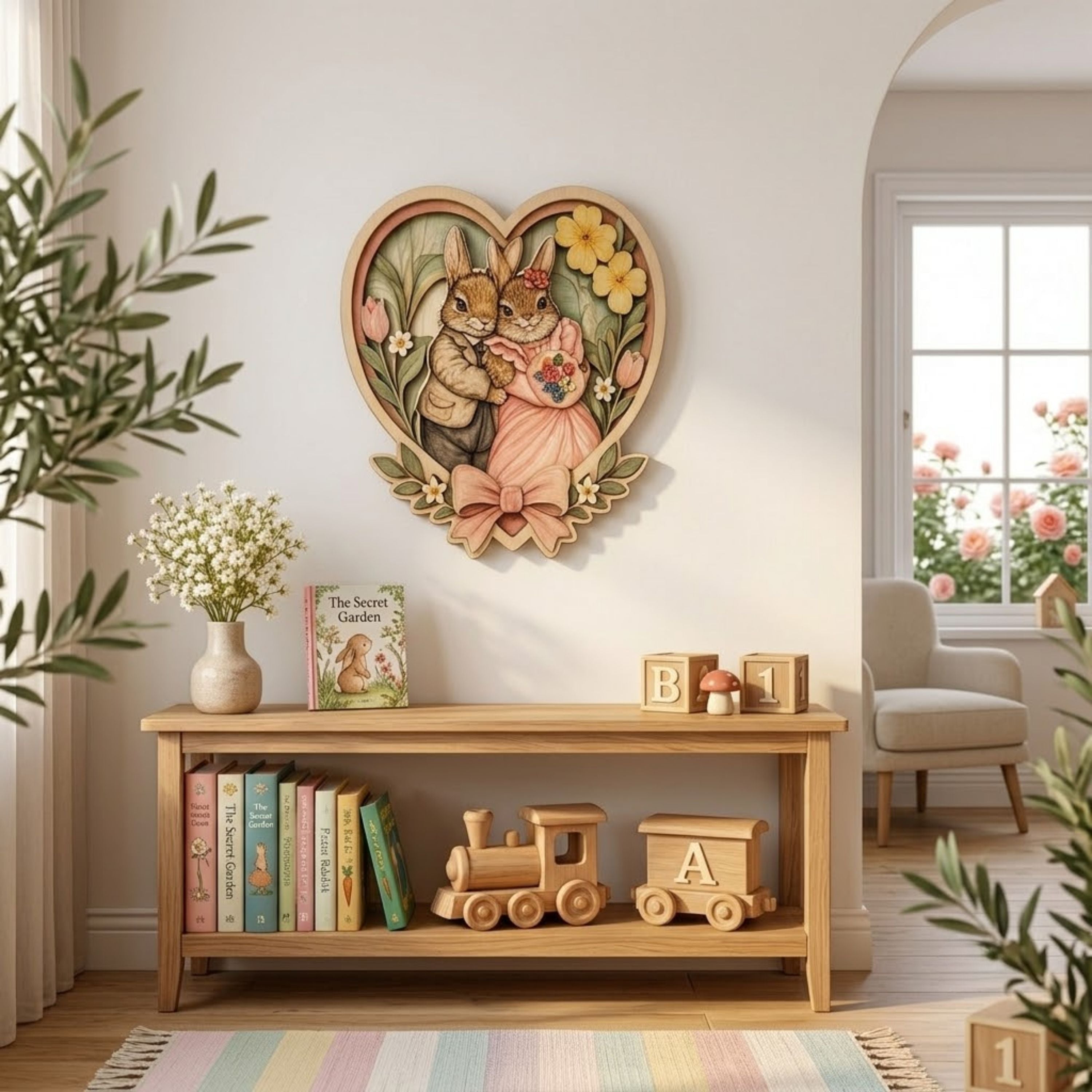 Wedding Bunny Couple Heart Wooden Sign - Cottagecore Floral Romantic Wall Decor