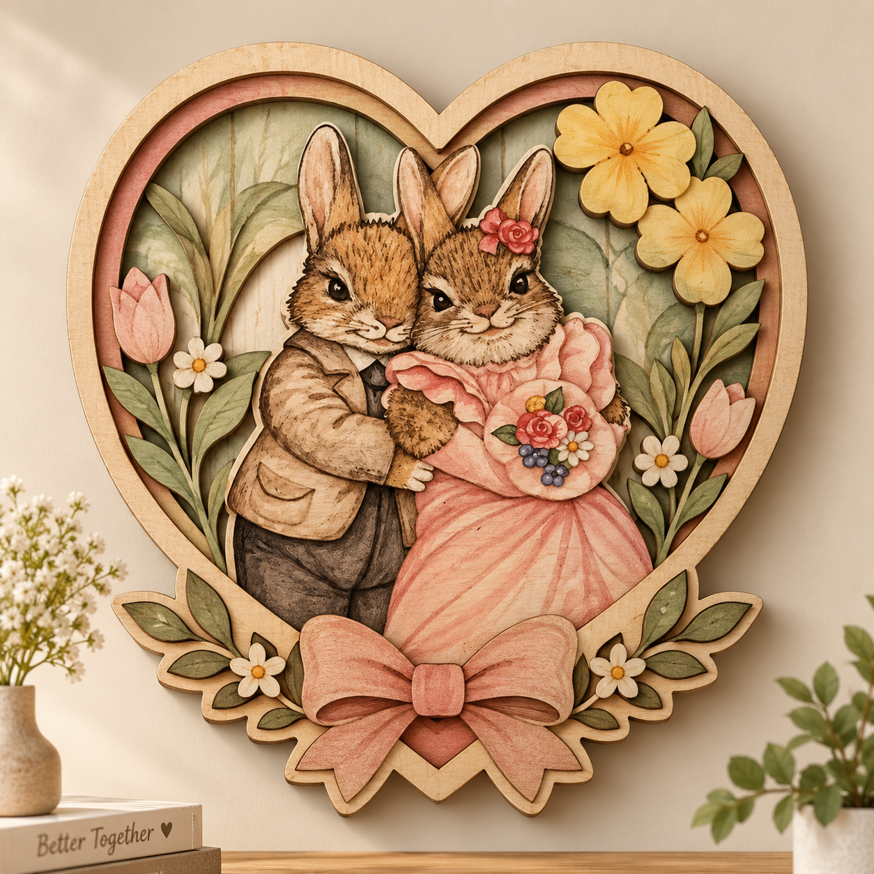 Wedding Bunny Couple Heart Wooden Sign - Cottagecore Floral Romantic Wall Decor