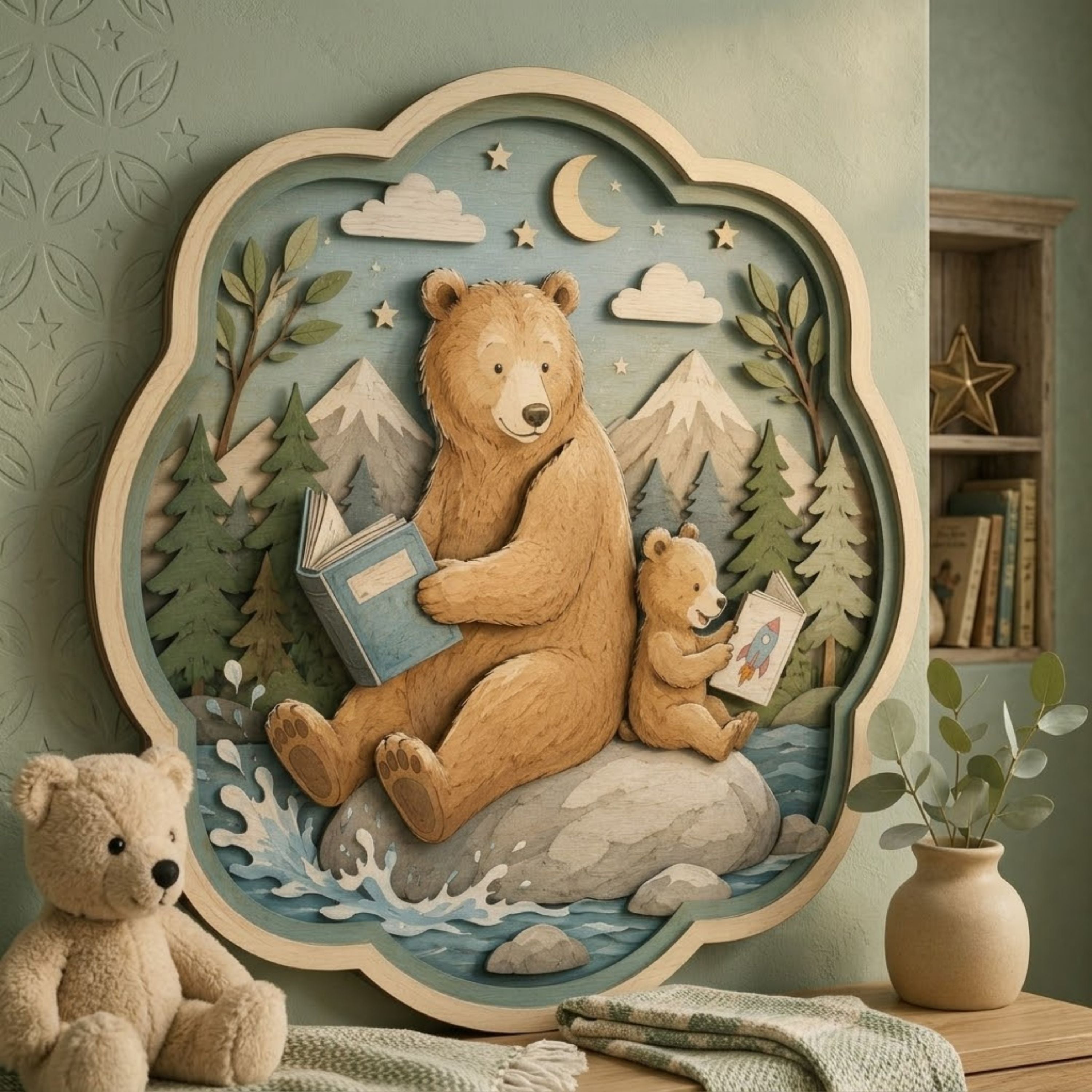 Bear Family Storytime Wooden Sign - Woodland Mountain Nursery Wall Decor