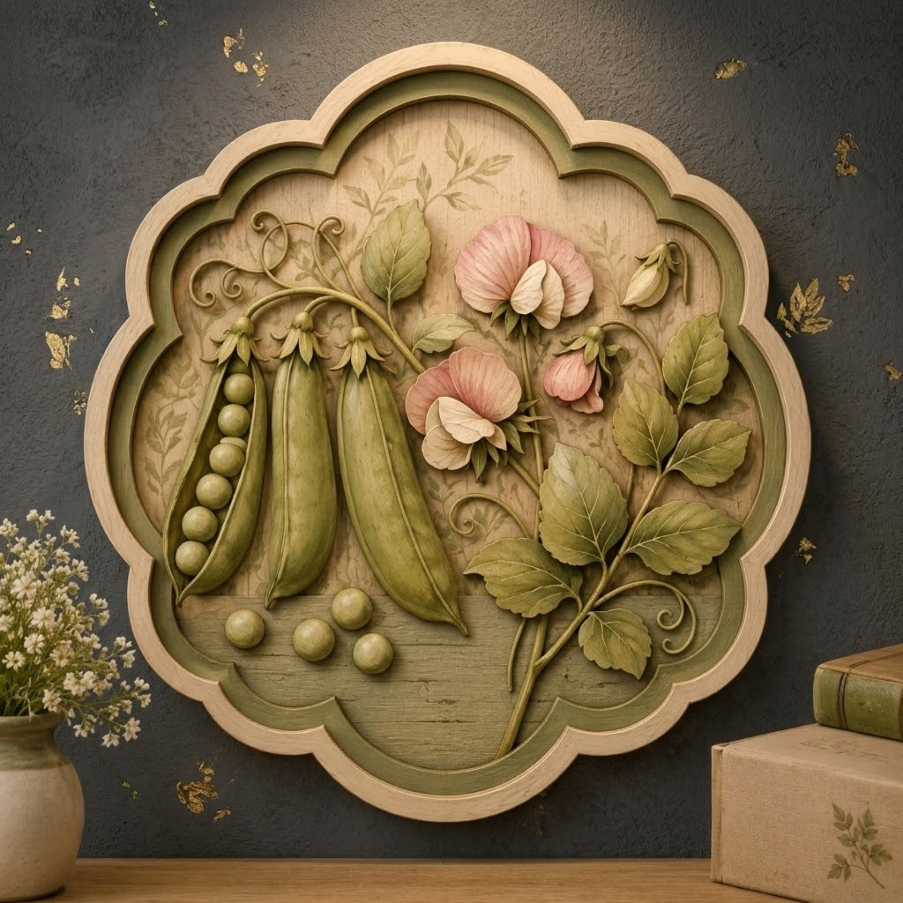 Pea Pod and Blossom Wooden Sign - Cottagecore Botanical Garden Wall Decor