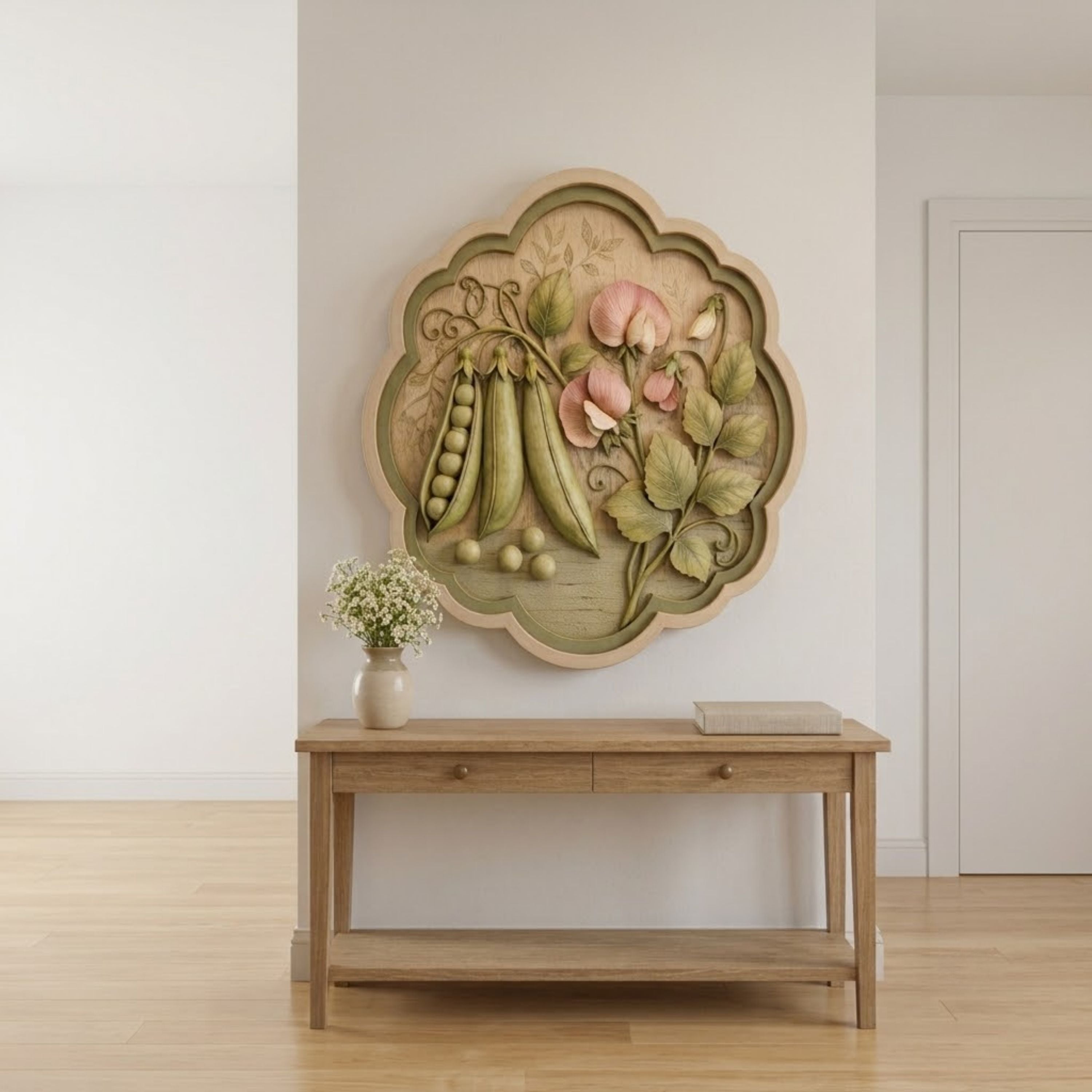 Pea Pod and Blossom Wooden Sign - Cottagecore Botanical Garden Wall Decor
