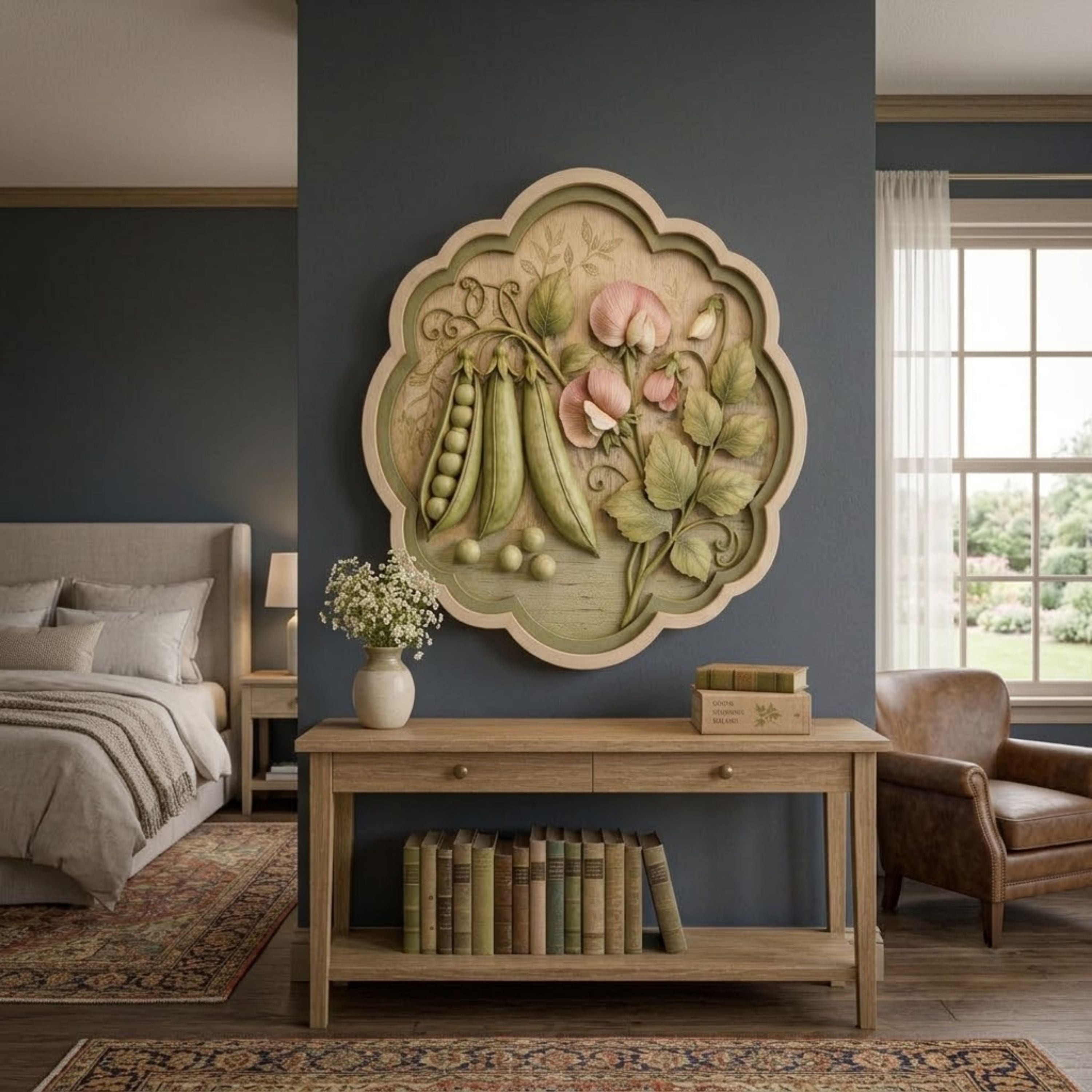 Pea Pod and Blossom Wooden Sign - Cottagecore Botanical Garden Wall Decor