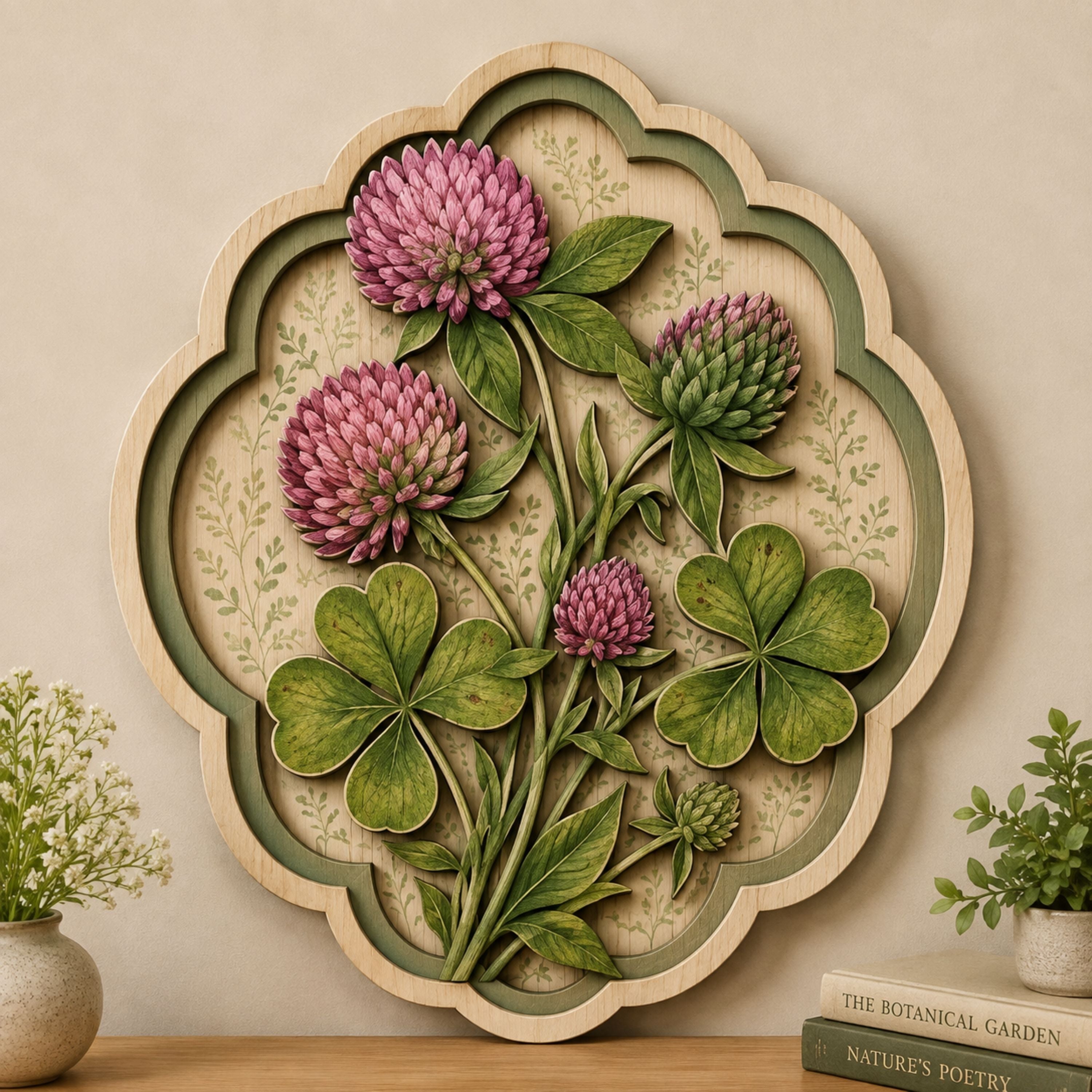 Pink Clover Blossom Wooden Sign - Cottagecore Botanical Garden Wall Decor
