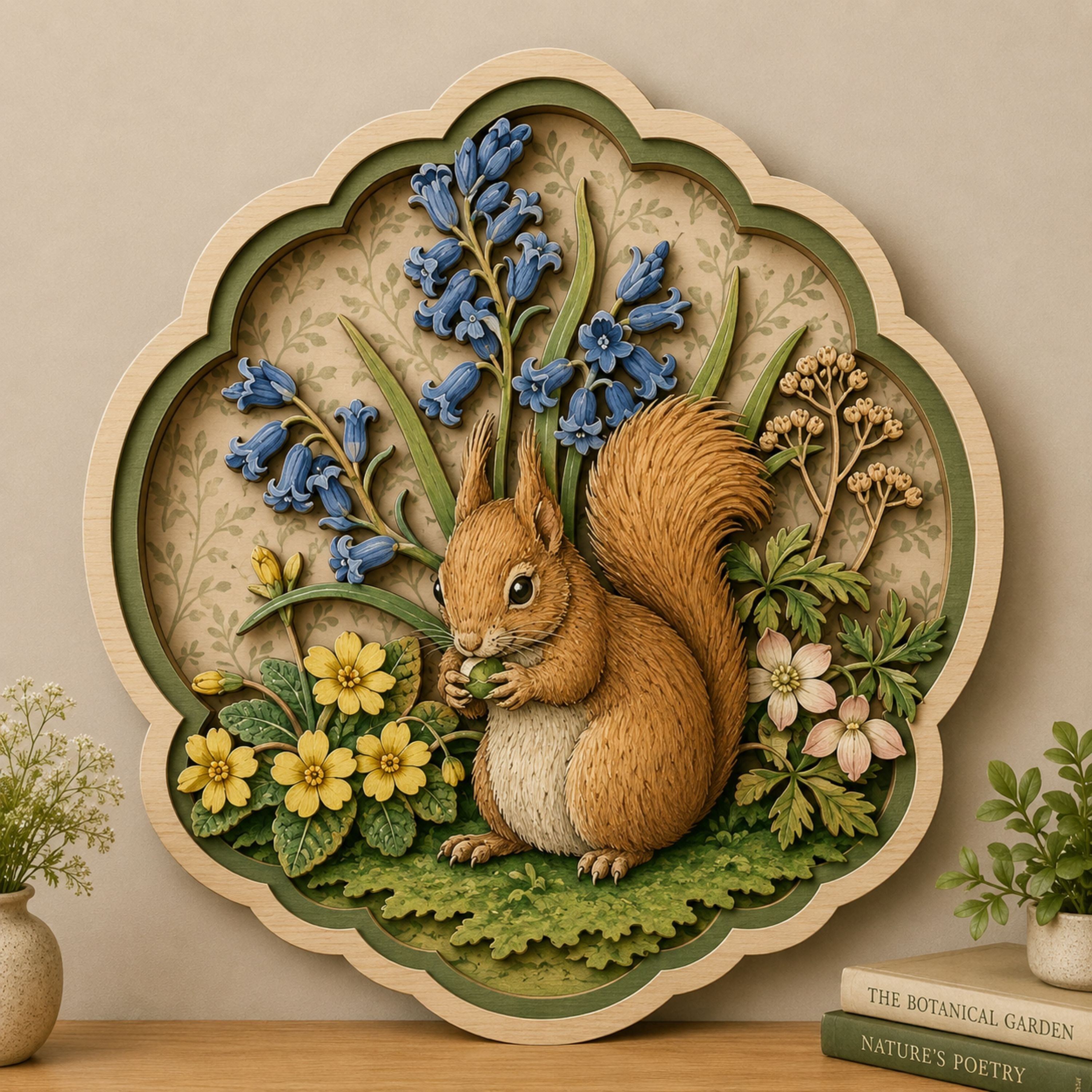 Squirrel Bluebell Garden Wooden Sign - Cottagecore Botanical Woodland Wall Decor