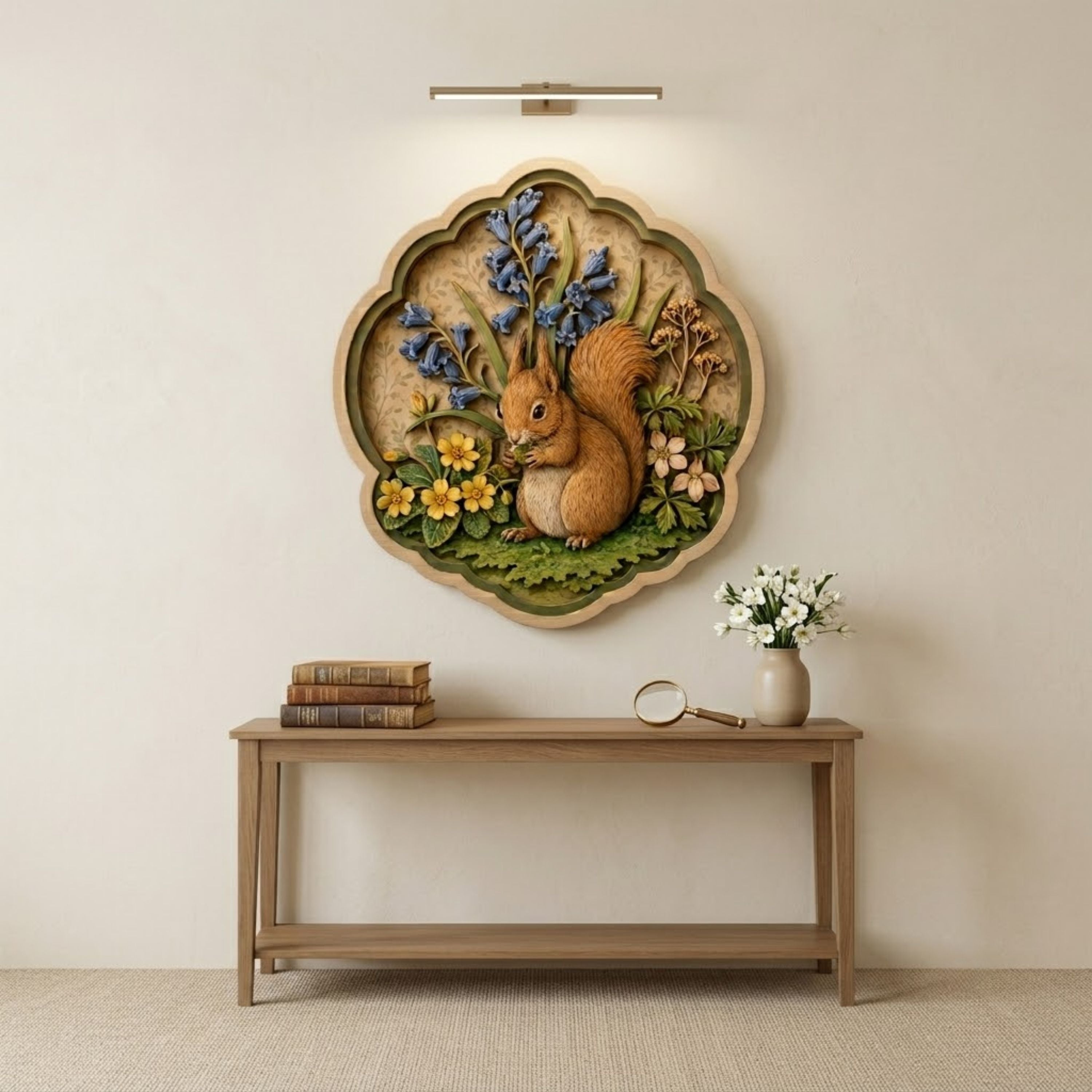 Squirrel Bluebell Garden Wooden Sign - Cottagecore Botanical Woodland Wall Decor